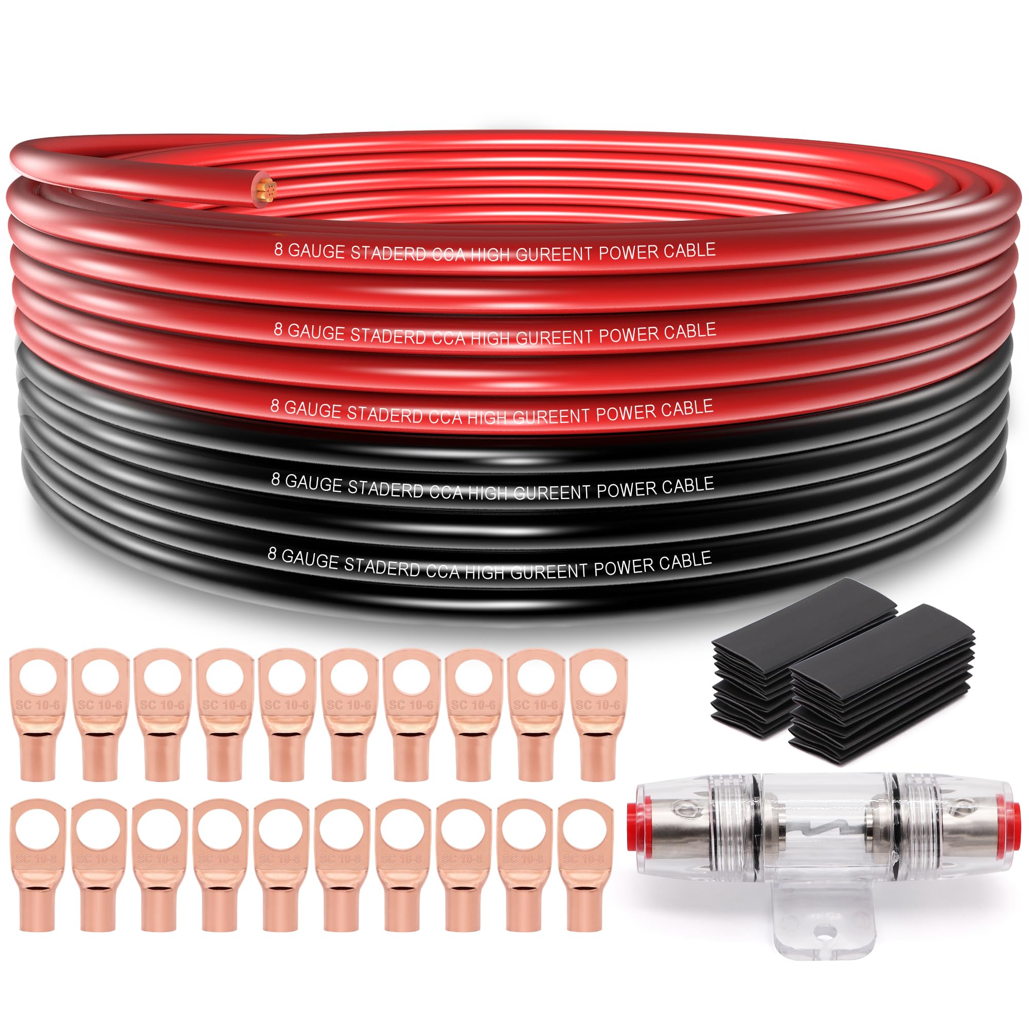 8 Gauge Wire (25Ft Each  Black/Red) Copper Clad Aluminum Cca,60A Agu Fuse Holder,20Pcs Lugs Terminal Connectors And 2 :1 Heat Sh