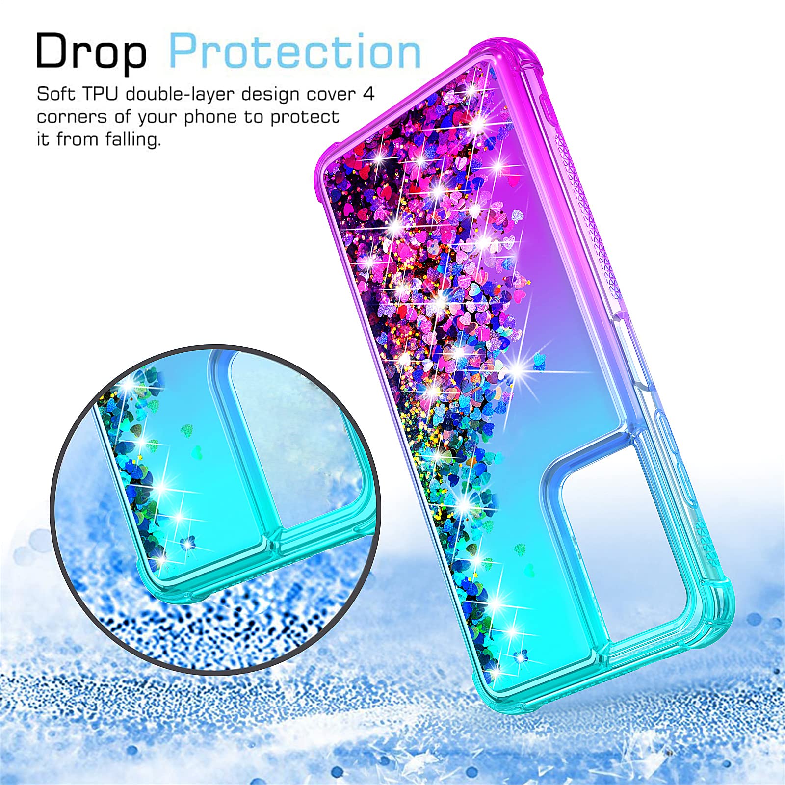 Yzok For Galaxy A03S Case,Samsung 03S Case With Hd Screen Protector,Gradient Quicksand Glitter Liquid Floating Waterfall Durable