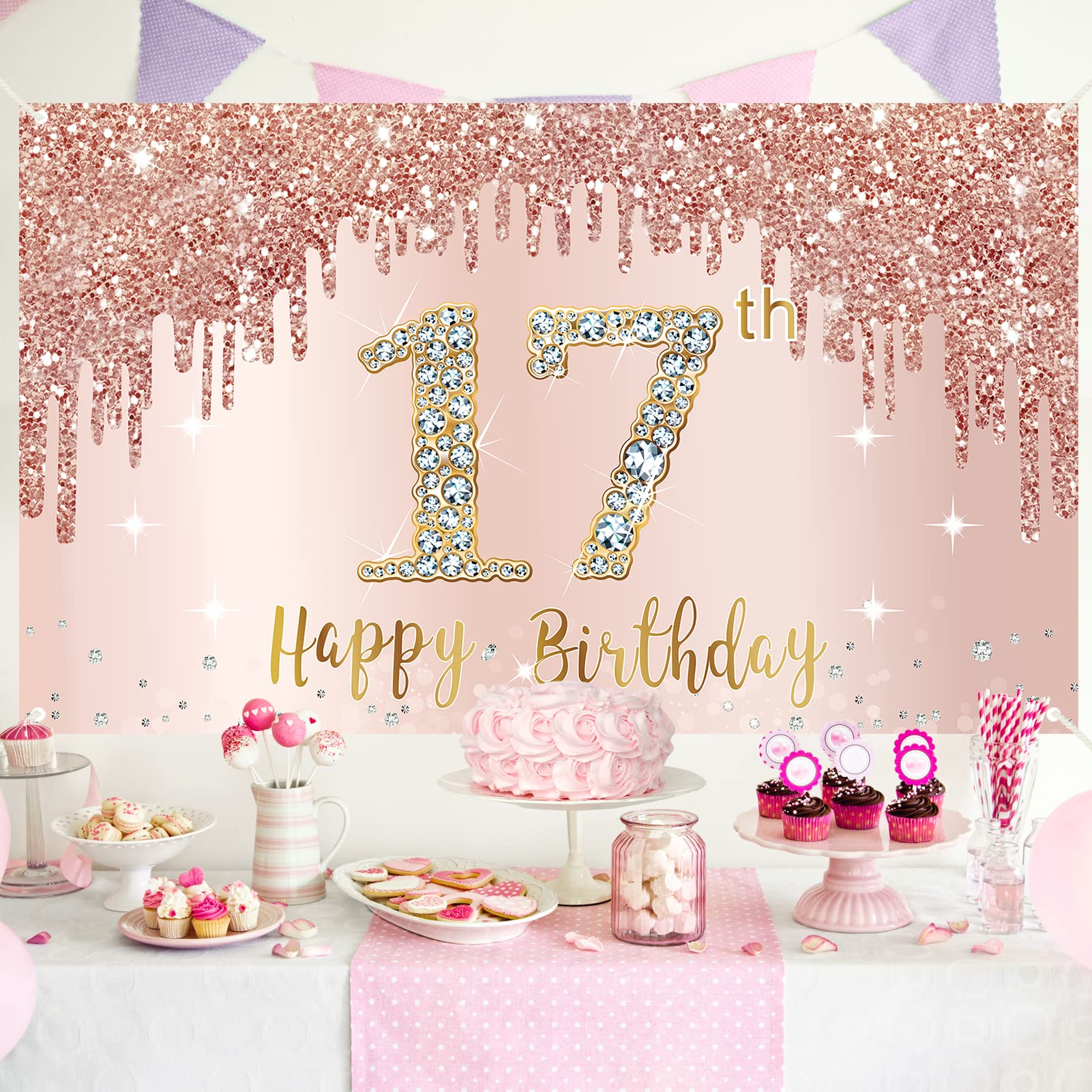 Happy 17Th Birthday Banner Backdrop Decorations For Girls, Rose Gold 17 Birthday Party Sign Supplies, Pink Seventeen Birthday Po