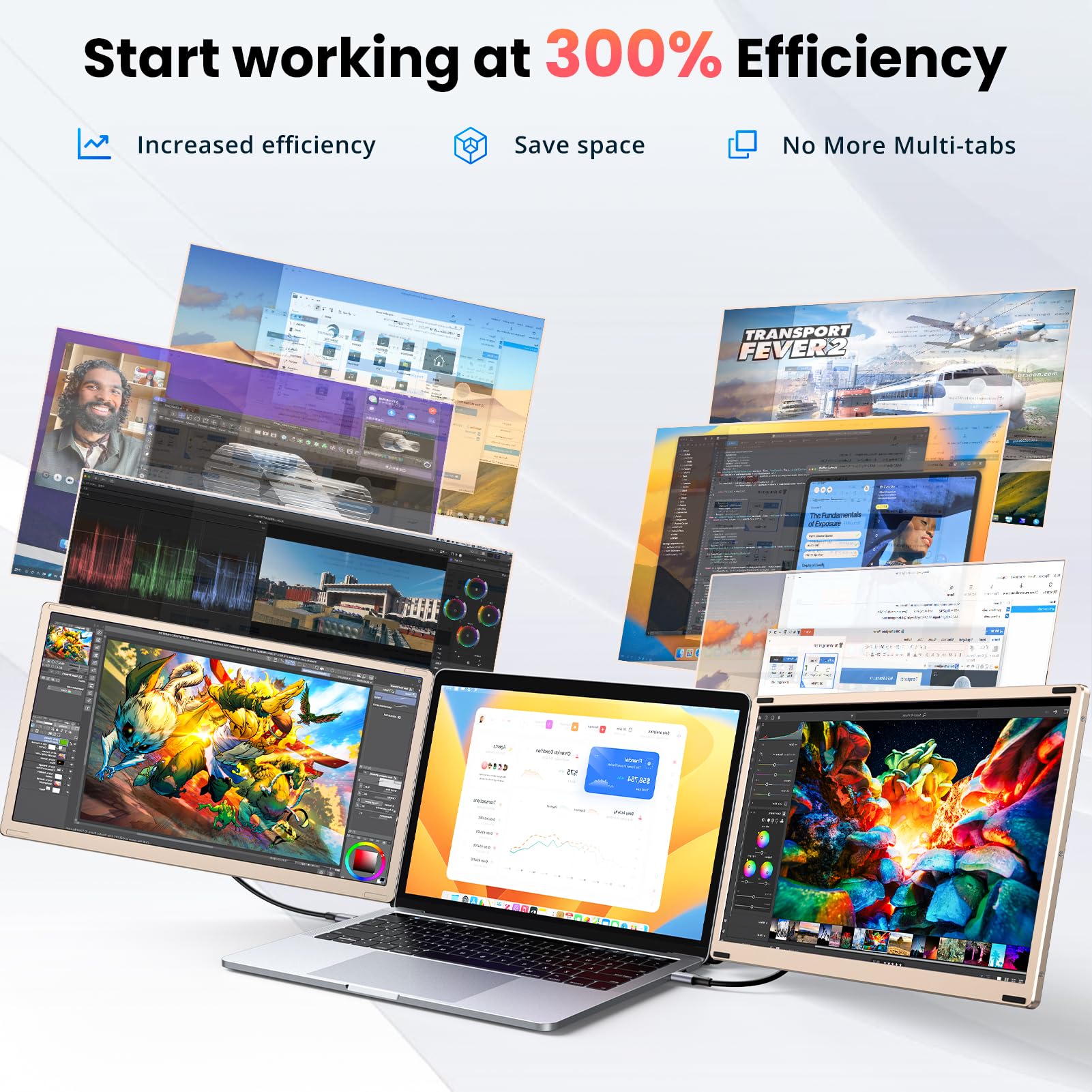 Laptop Screen Extender, 15.6'' Fhd 1080P Ips Triple Portable Monitor Fit For 13 17.3'' Laptop, Build In Stand And Dual Speakers,