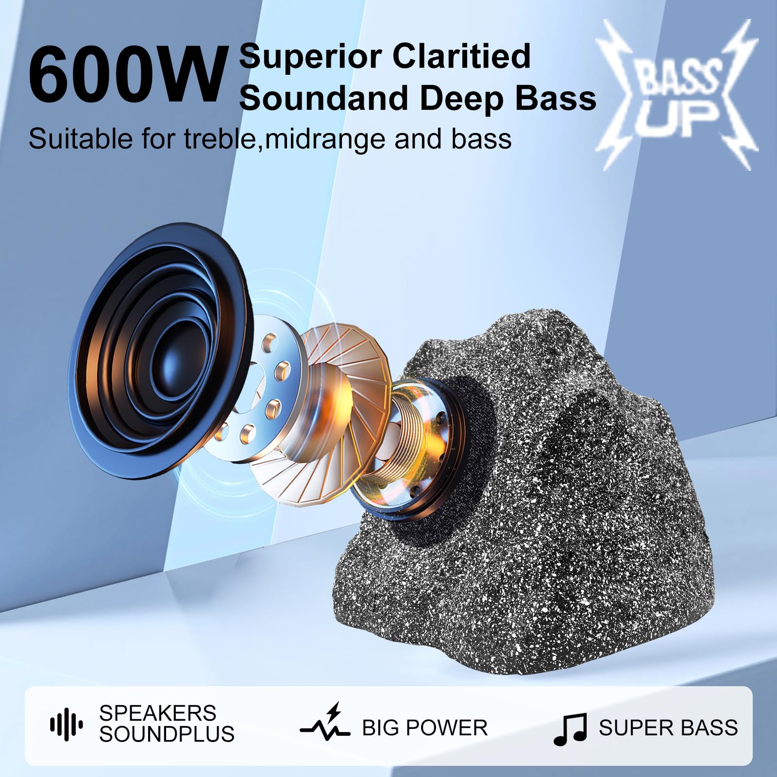 Studiofinix 8'' Outdoor Rock Bluetooth Speakers Waterproof Powerful 600 Watt Deep Bass All Weather Durable For Outdoor Garden Po