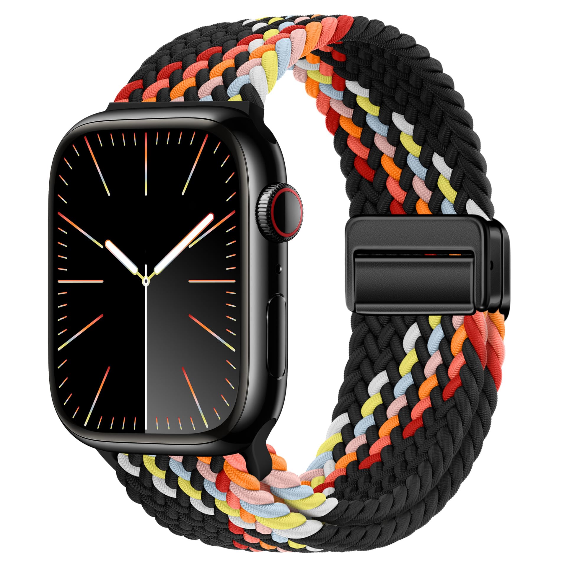 Relaxesque Watch Bands For Women And Men, Braided Nylon Iwatch Band With Magnetic Clasp, 38mm 40mm 41mm 42mm Black Rainbow