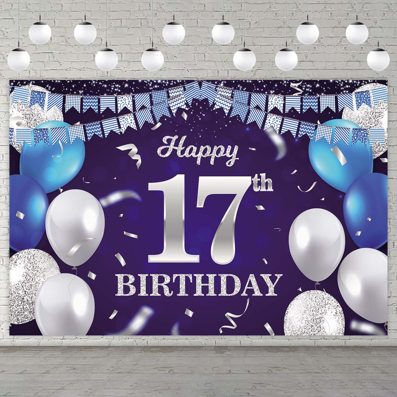 Happy 17Th Birthday Banner Backdrop Navy Blue Balloons Confetti Stripe Flag Light Spots Cheers To 17 Years Old Theme Decorations