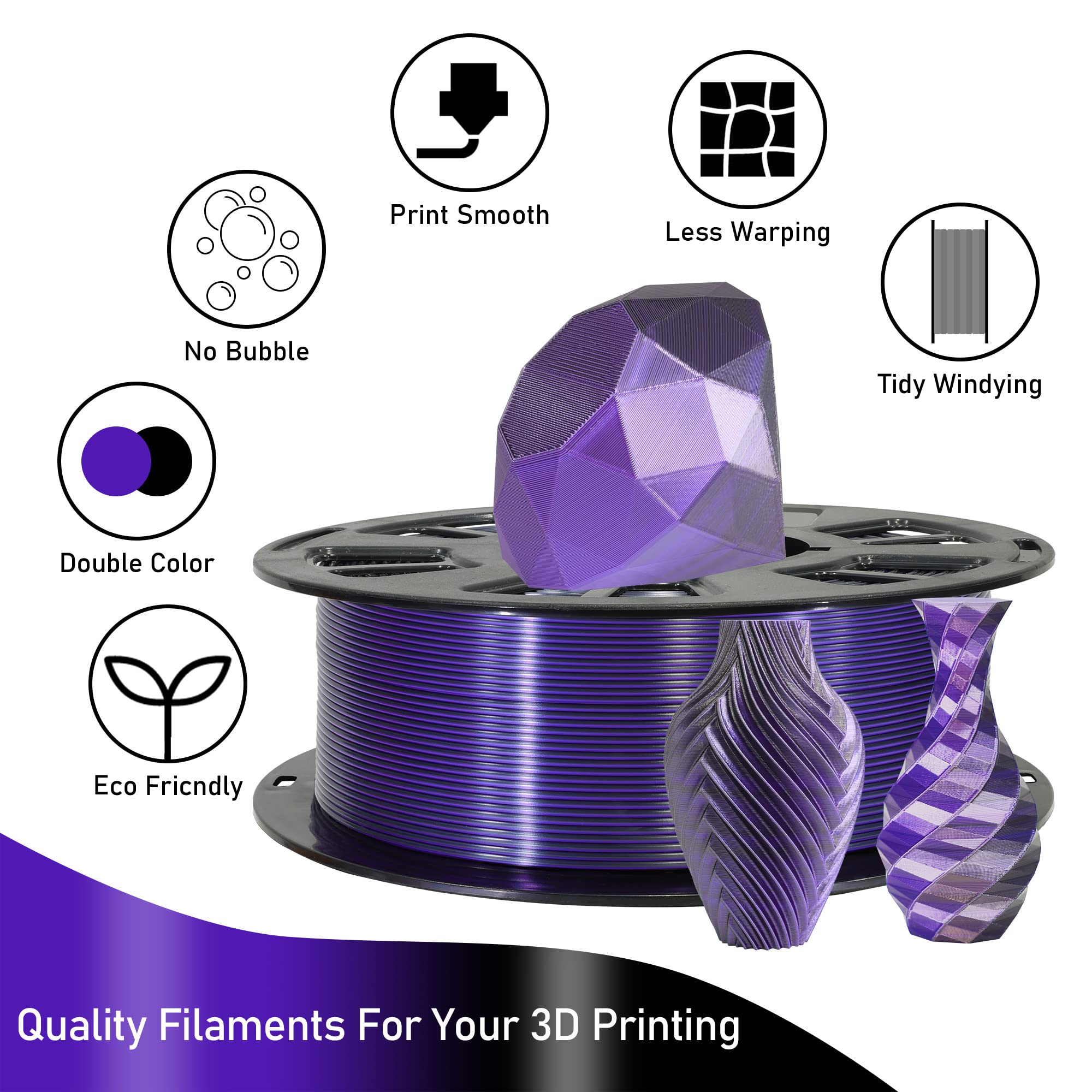 Mika3D 1.75Mm Silk Shiny Purple Black Pla Dual Color Co Extrusion 3D Filament, 2 Colors In 1 3D Filament, 1Kg 3D Printing Materi