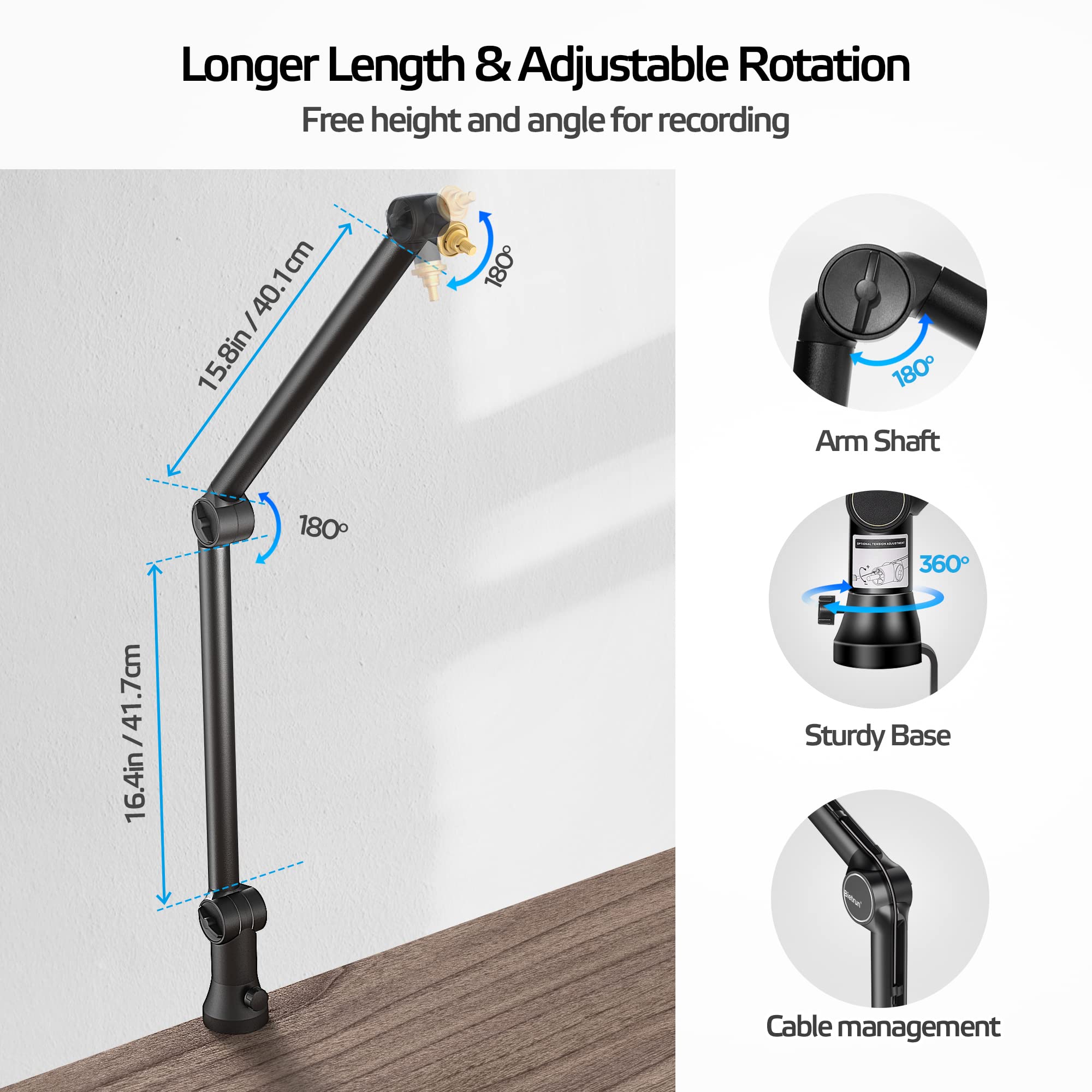 Bietrun Mic Arm Desk Mount(Longer)For Shure Sm7B/Mv7/Blue Yeti/Nano/Hyperx Quadcast, Adjustable 360    Rotatable Universal Heavy