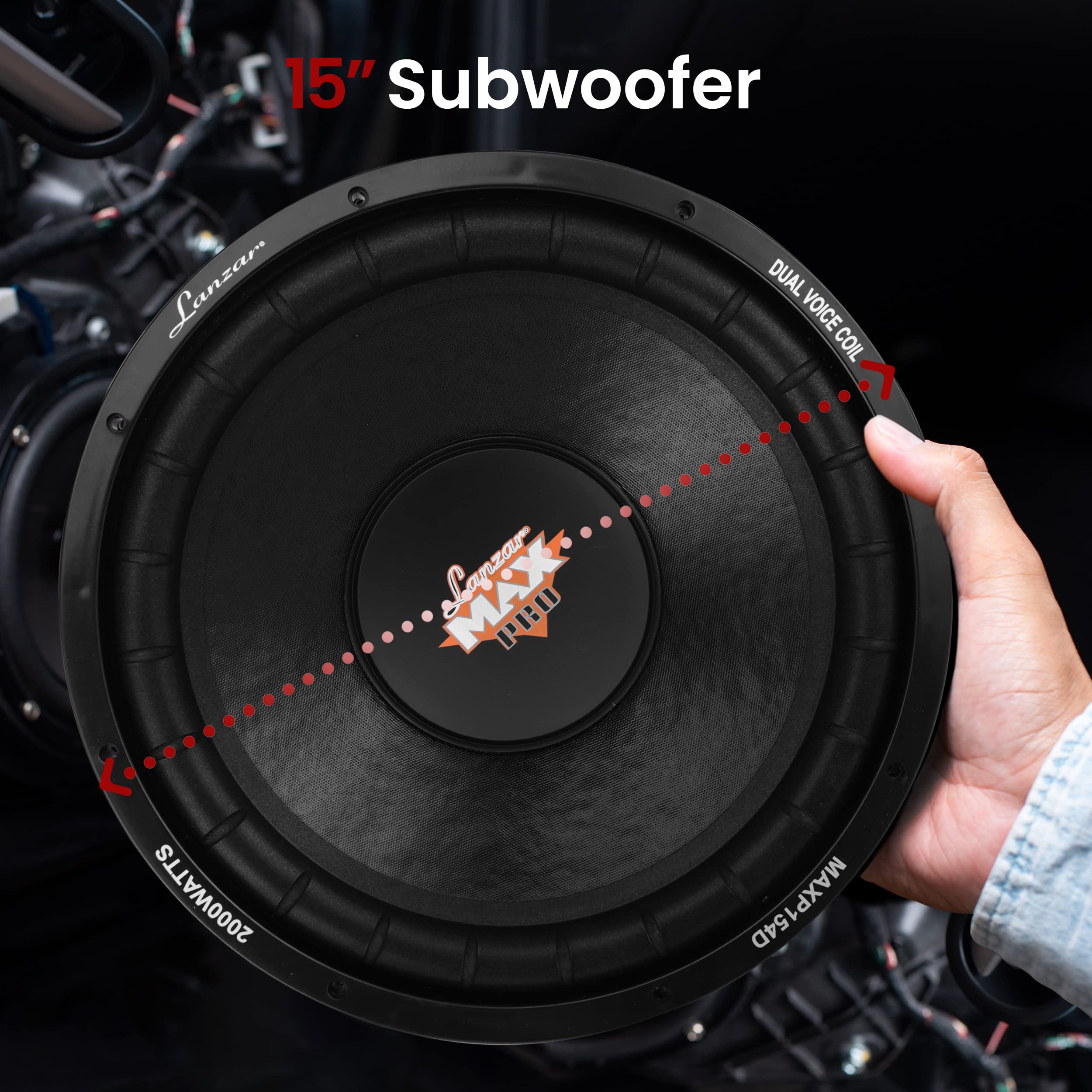 Lanzar MAXP154D 15in Car Subwoofer - Black, Dual 4 Ohm, 2000W Power, Non-Pressed Paper Cone, Foam Edge Suspension