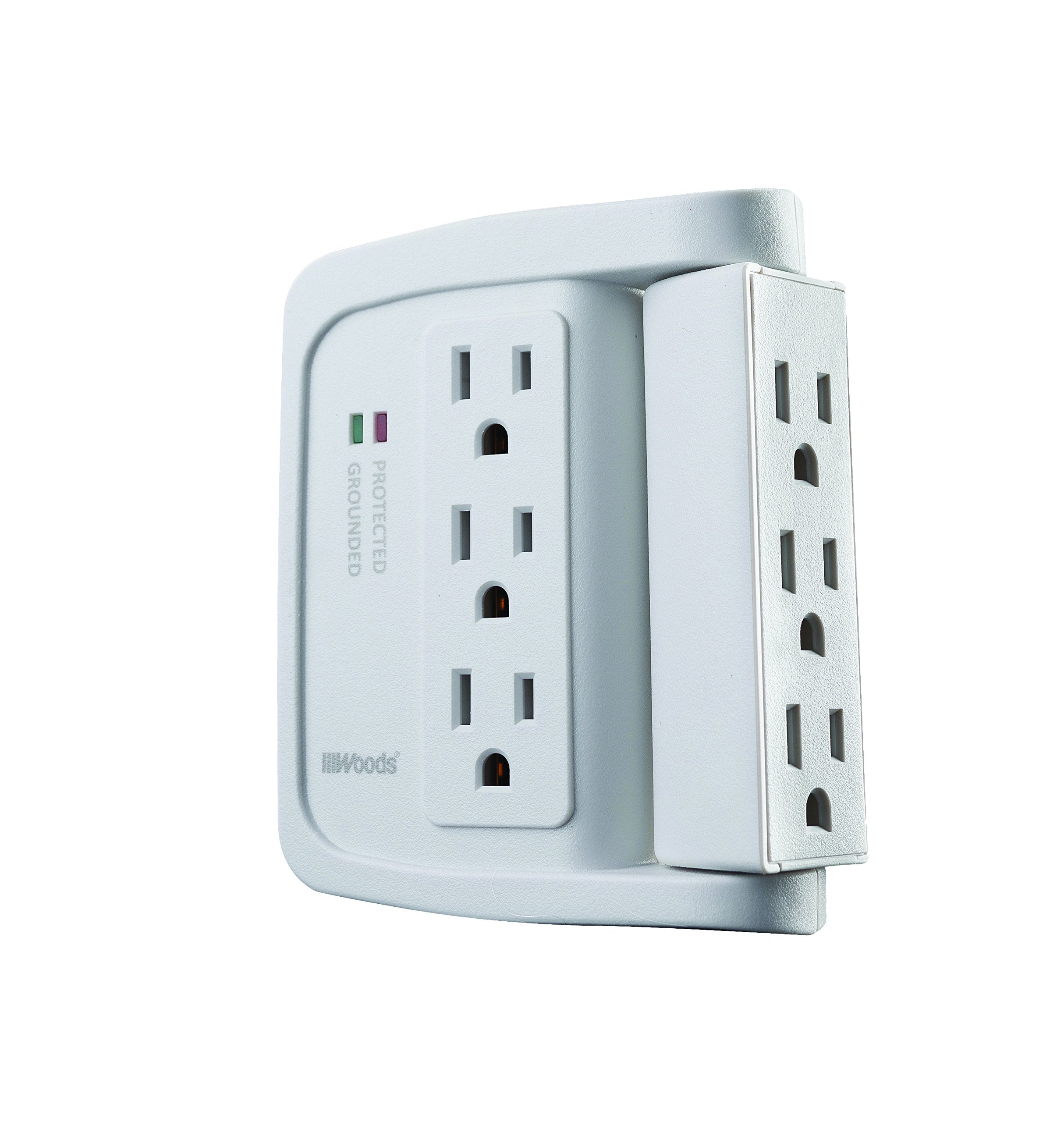 Woods 41423 SpaceSaving Power Adapter Surge Protector with 6 Outlets in Which 90 for 1440J of Protection, White
