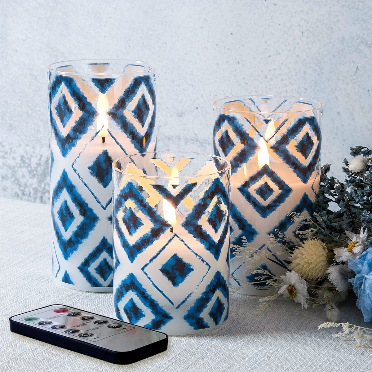 Eywamage Blue Geometric Flameless Candles In Glass Jars, Flickering Battery Led Pillar Candles With Remote Set Of 3