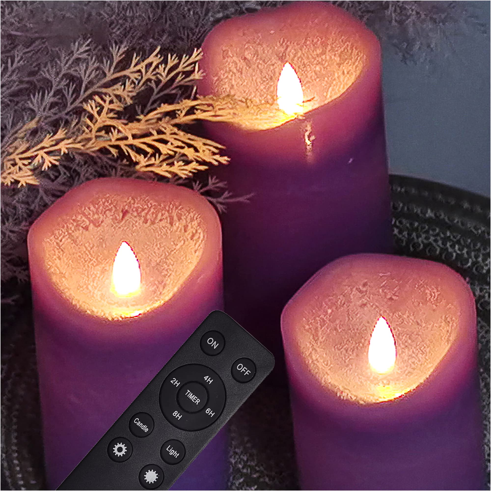 Battery Operated Flameless Led Candles Real Wax Pillar Candles With Remote Timer Electric Flickering Decorative Purple Wax Candl
