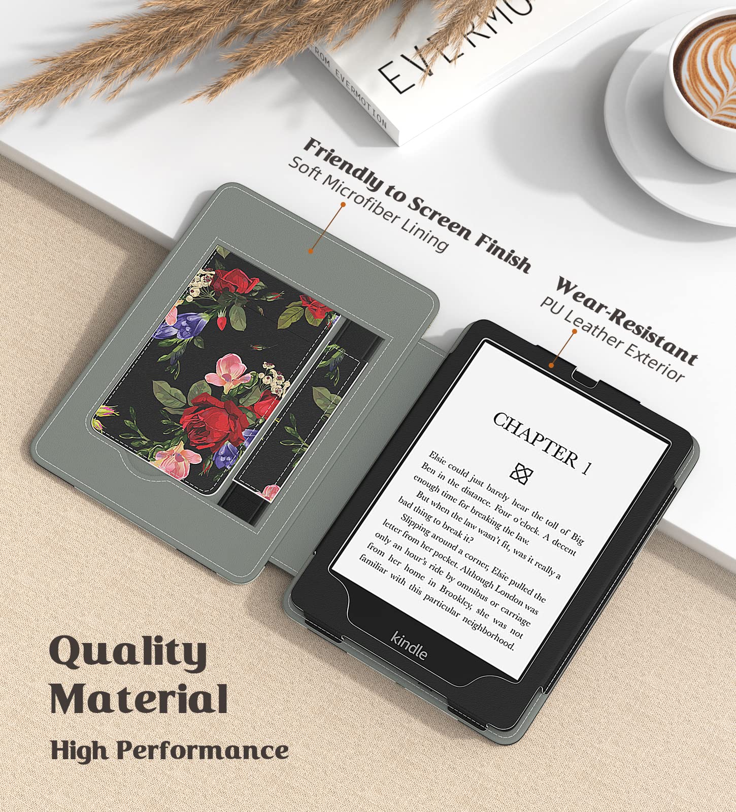 Moko Case For Kindle Paperwhite 11Th Generation 2021 Release, Slim Pu Shell Cover With Auto Wake/Sleep, Rose On Black