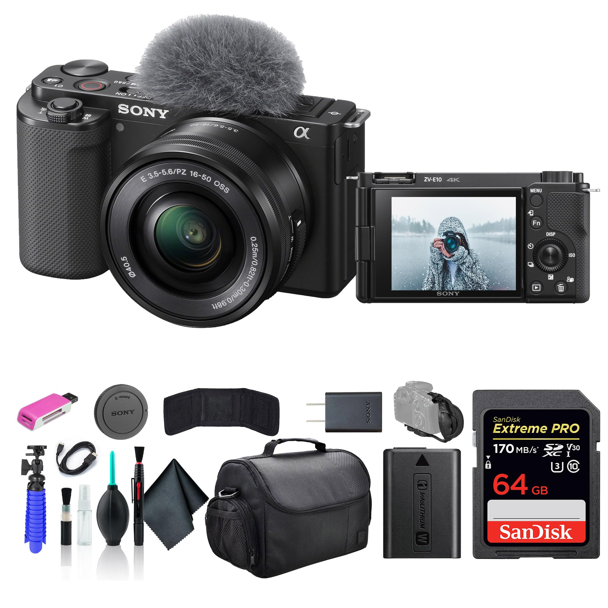 Sony ZV-E10 Mirrorless Camera with 16-50mm Lens Black ILCZV-E10L/B, 64GB Memory Card, Bag, Card Reader, HDMI Cable, Flex Tripod,