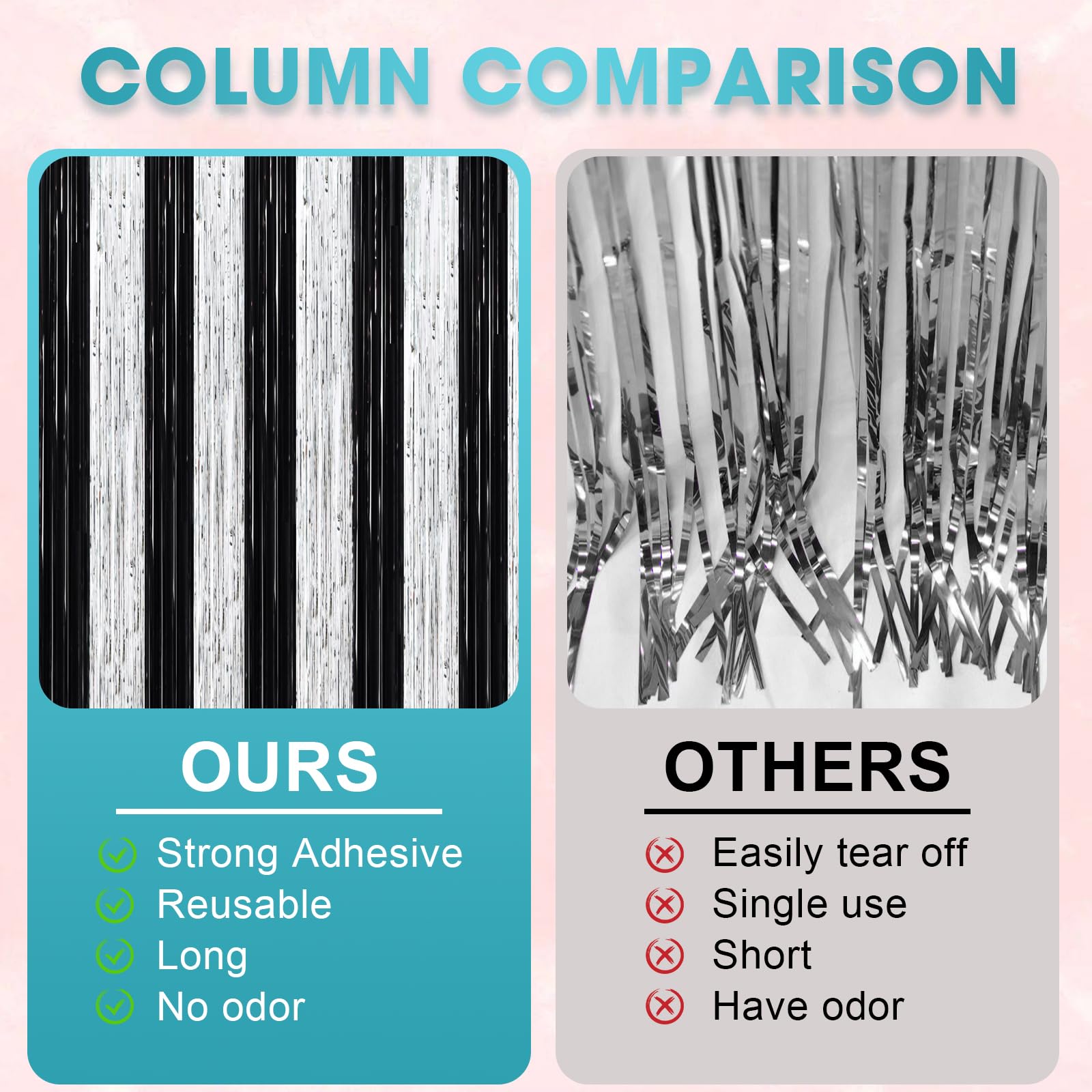 Voircoloria 2 Pack Black And Silver Tinsel Foil Fringe Curtains, Black White Party Decorations, Metallic Tinsel Party Streamers