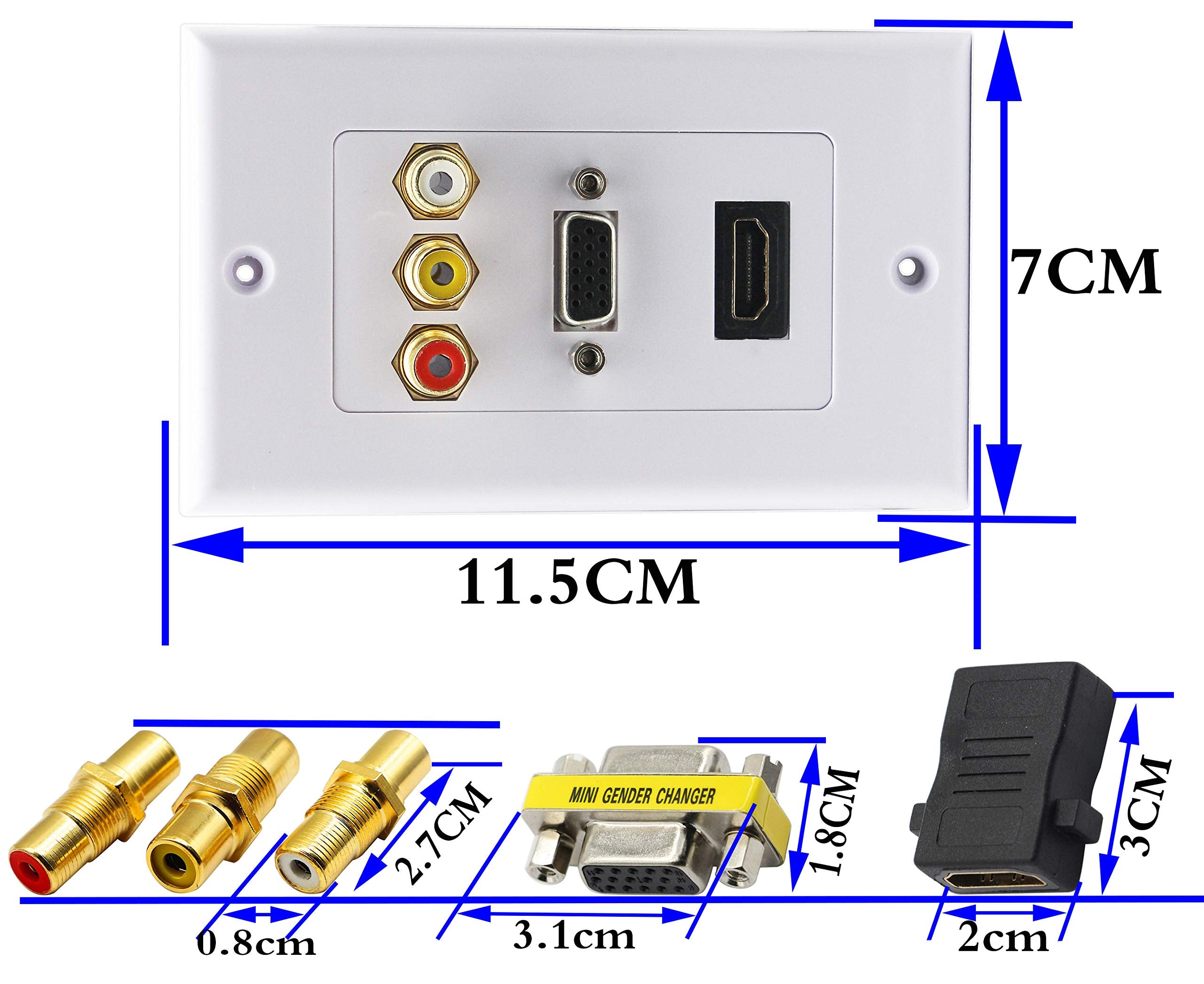 Zdycgtime 3Rca+Hdmi+Vga Wall Plate Hdmi Component Composite Audio Video Wall Outlet Mount Socket Face Plate Panel Cover White(3R