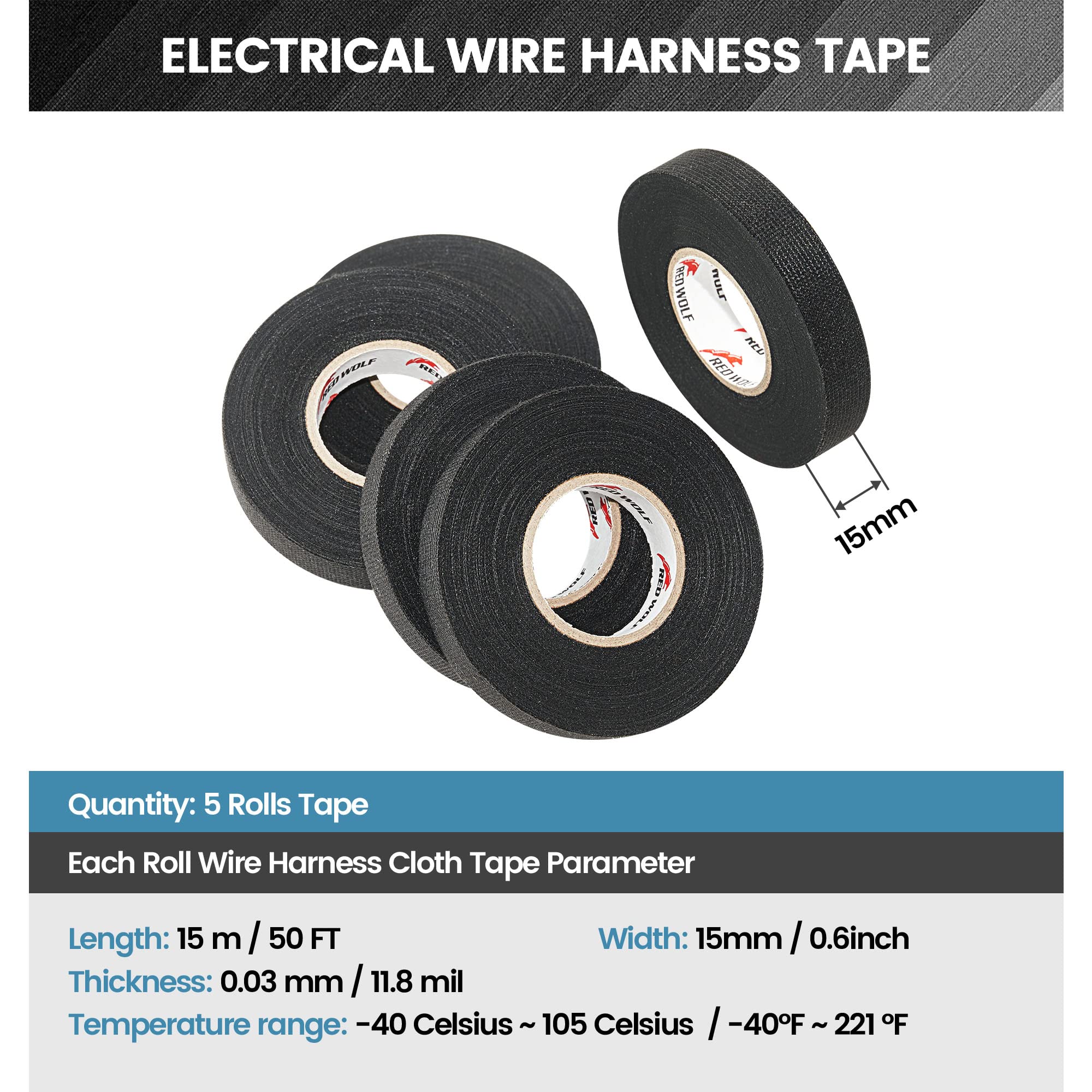 Red Wolf Wiring Harness Cloth Tape High Temp Self Adhesive Fabric Tape For Automobile Electrical Harness Wrap Noise Damping Protection Insulation Cable Fixed Black, 5 Rolls 3/5 Inch X 50Ft
