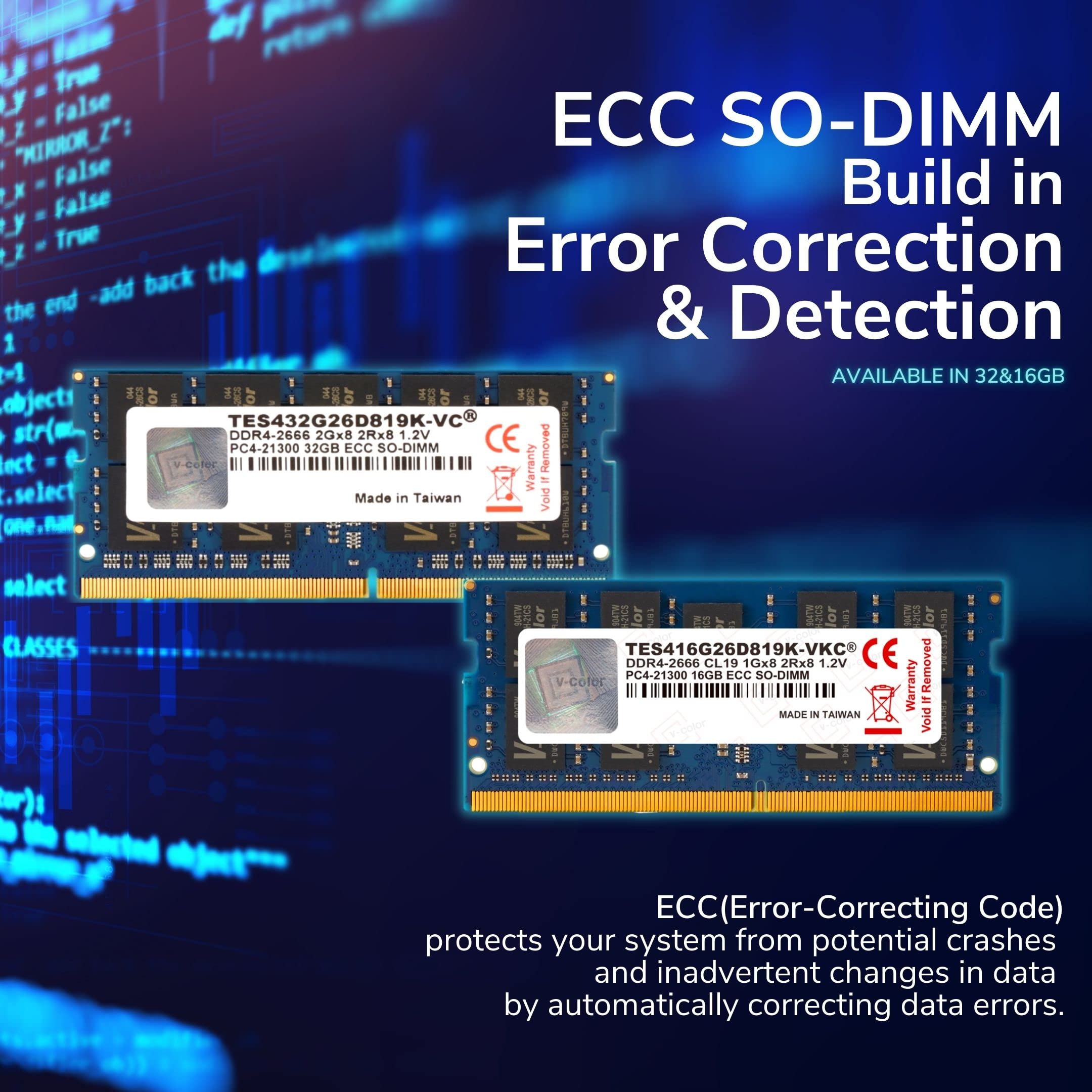 V Color 32Gb (2 X 16Gb) Ecc So Dimm Ddr4 2666Mhz (Pc4 21300) For Nas Micro Server/Workstation/Compatible With Synology 21 Series 2Rx8 Cl19 1.2V (Tes416G26D819K Vkc)
