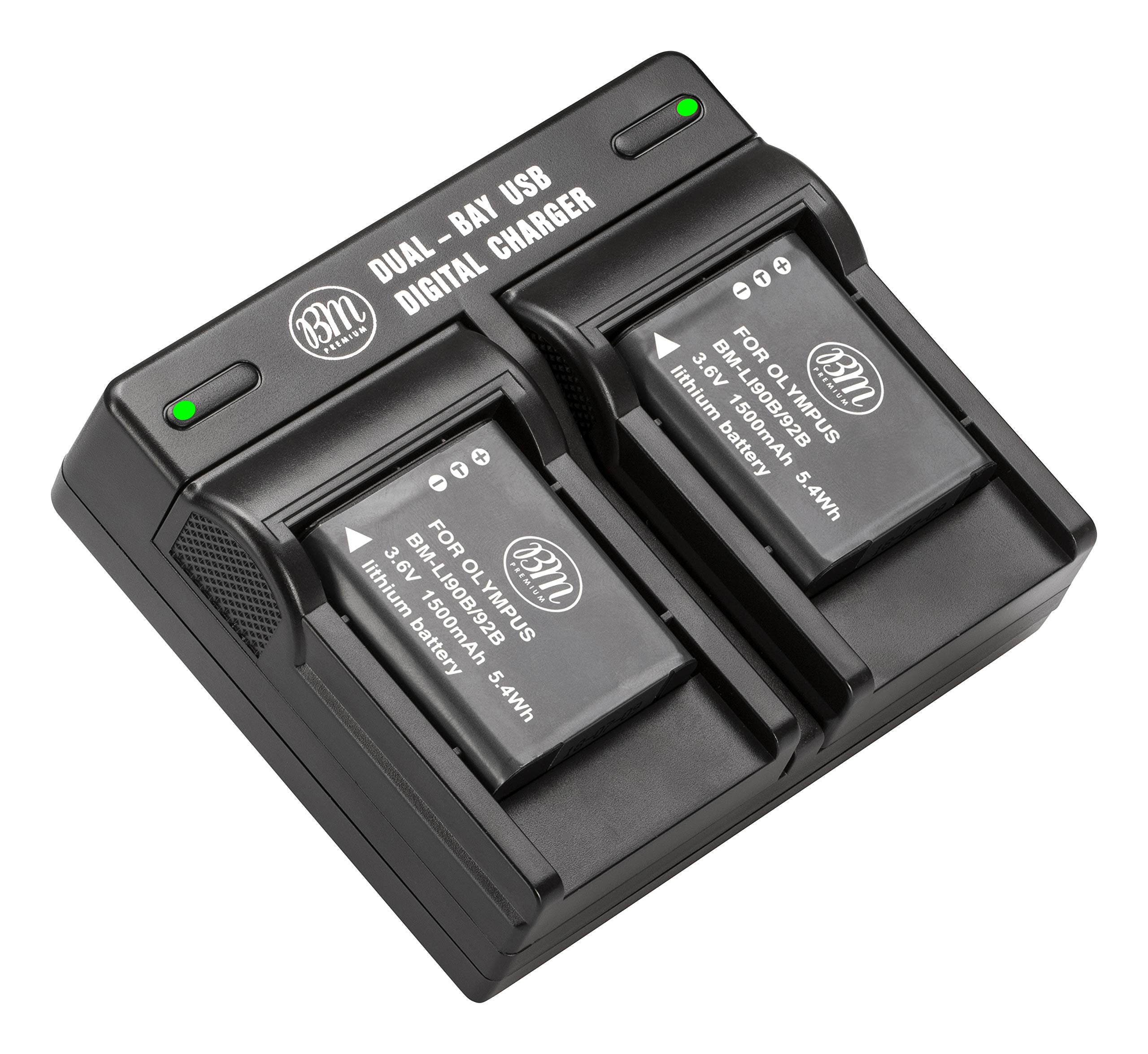 BM Premium 2 LI 90B, LI 92B Batteries and Dual Battery Charger for Olympus Tough TG 6, TG 5, TG Tracker, Tough SH 1, SH 2, SP100 IHS, Tough TG 1 iHS, TG 2 iHS, TG 3, TG 4, SH 50, SH 60, XZ 2 iHS