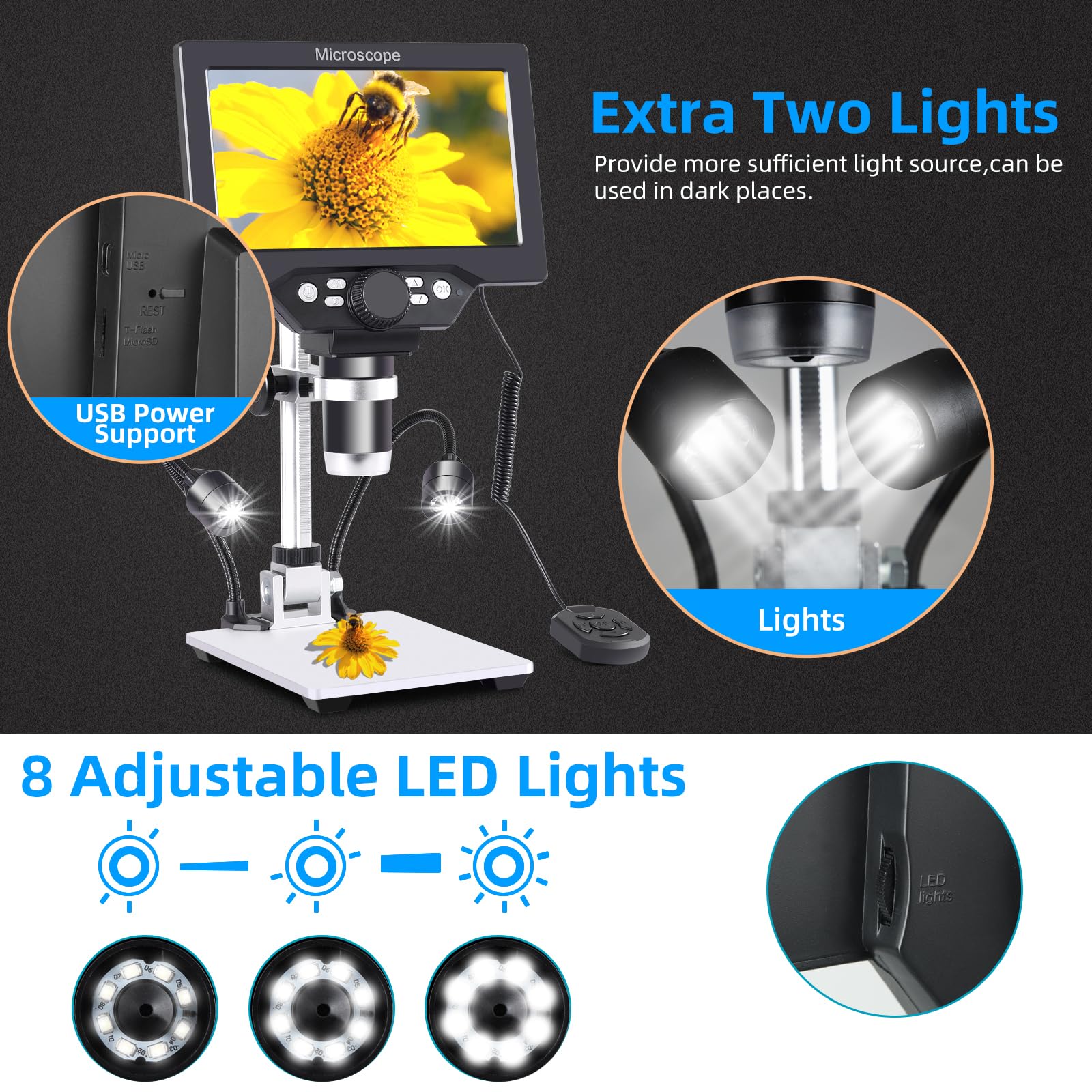 Koolertron 7 Inch Lcd Digital Microscope With 32G Tf Card,12Mp 1200X Magnification 1080P Usb Microscope Camera With Remote Contr