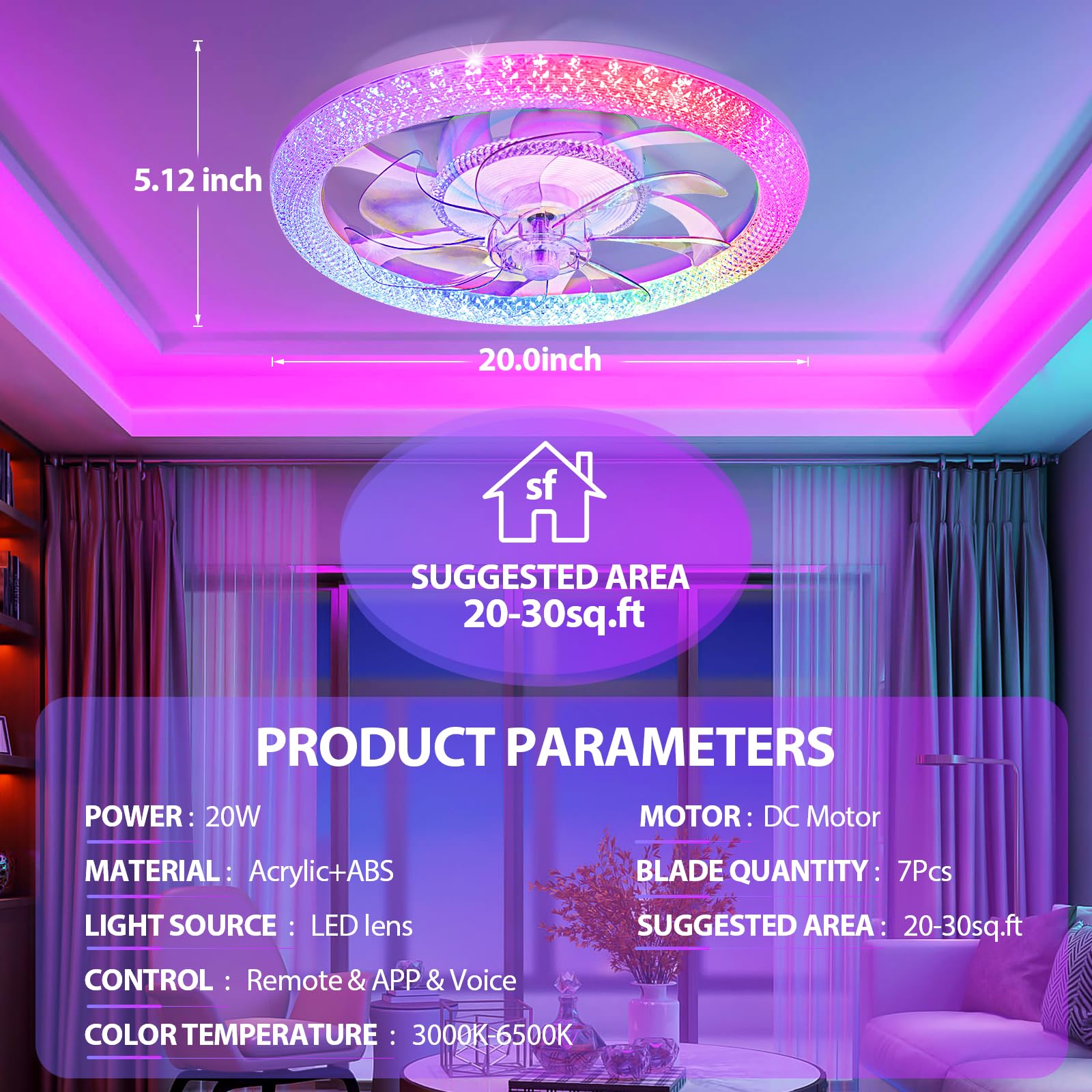Vookea 2 In 1 Rgb Led 20    Ceiling Fans With Lights And Remote, 3000 6500K Dimmable Flush Mount Low Profile Ceiling Fan With Li