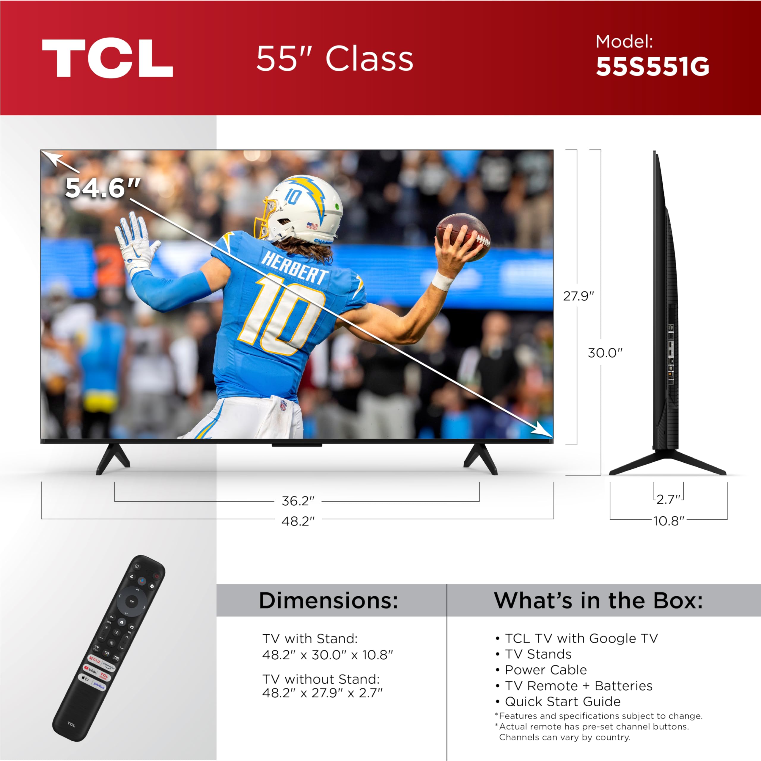 TCL 55-Inch 4K UHD LED Smart TV (55S551G) with Google TV, Google Assistant, Voice Remote, Black
