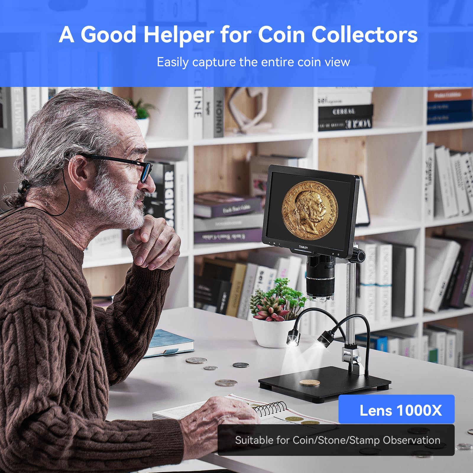 Tomlov Tril110 10.1'' 3 Lens 2K Hdmi Digital Microscope 2500X, Coin Microscope Magnifier For Entire Coins With Ips Screen, Lcd S