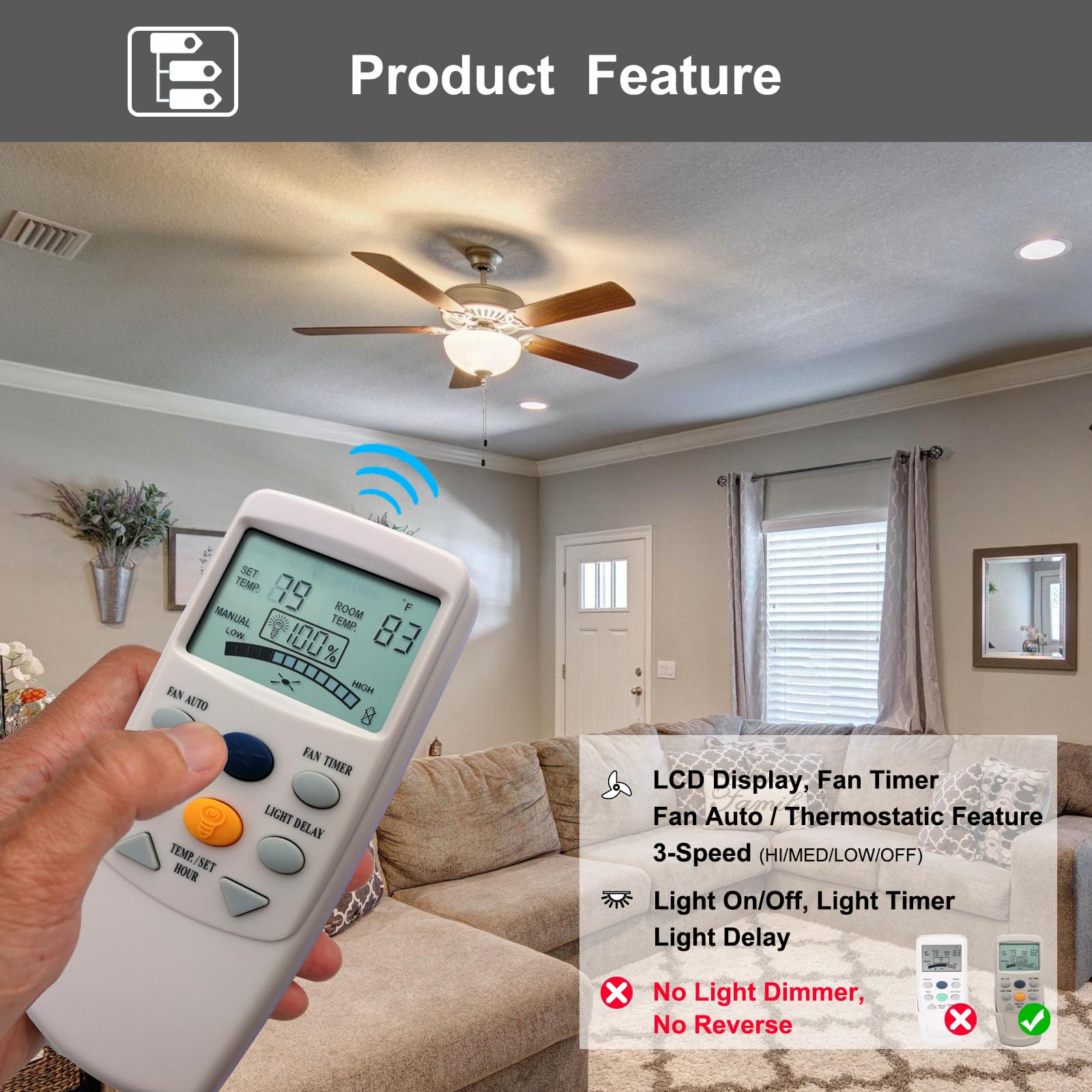 Cenming Fan 9T Thermostatic Ceiling Fan Remote Control Replacement For Hampton Bay, With Fan Timer Key,3 Speed Lcd Display Temp,