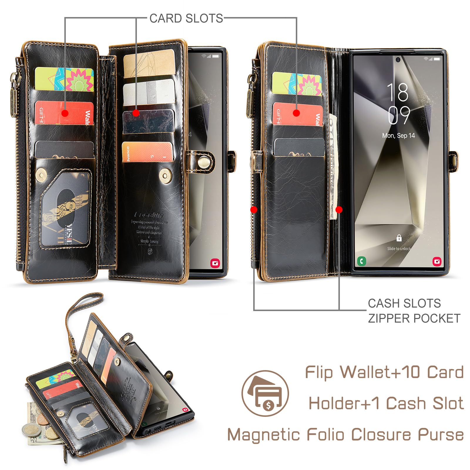 Defencase Samsung Galaxy S23 Ultra Wallet Case, Pu Leather Magnetic Flip Zipper Card Holder, Luxury Coffee