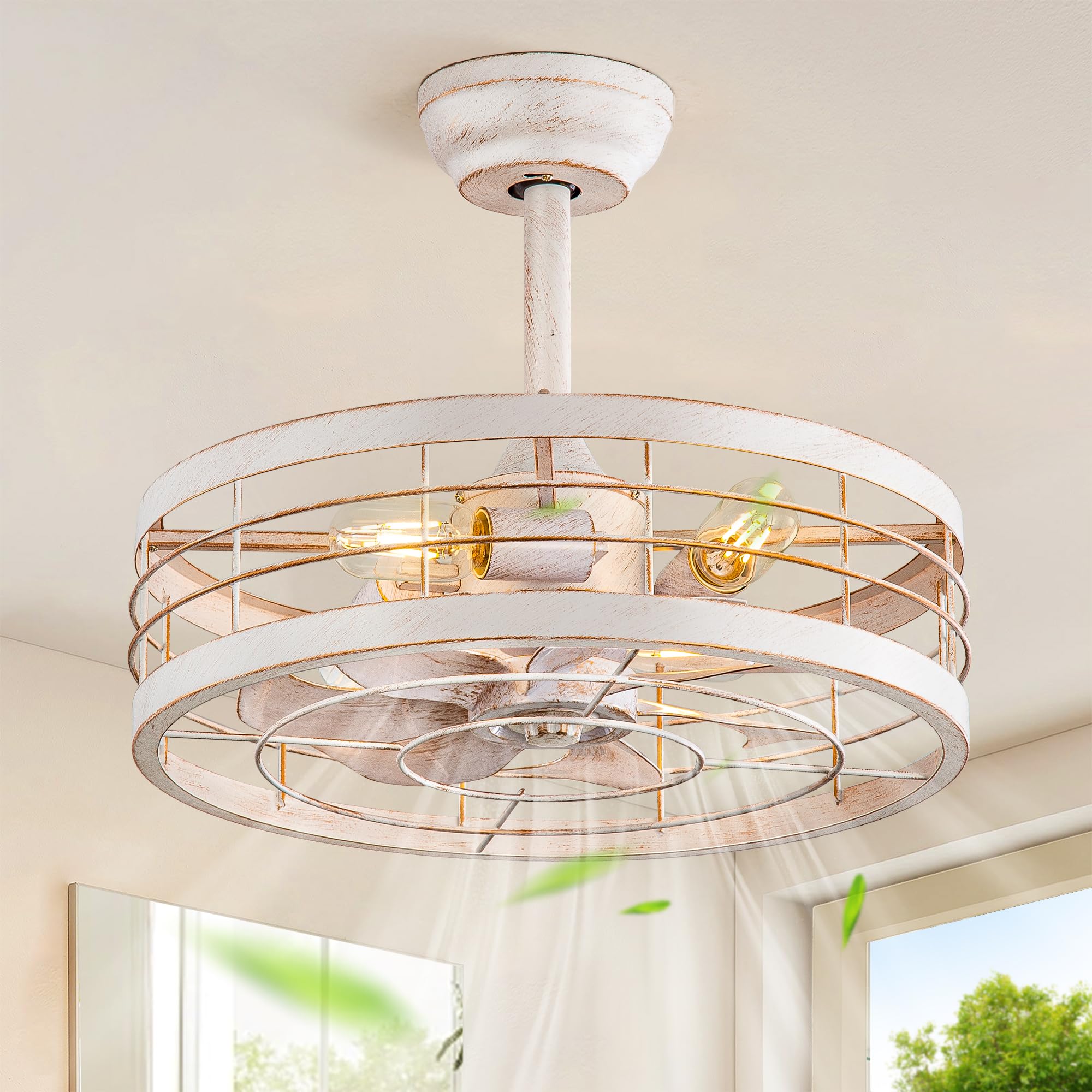 LEDIARY 18 inch Caged Ceiling Fan with Light, Bladeless Industrial Ceiling Fan with Remote, Farmhouse Fan Lights Ceiling Fixture