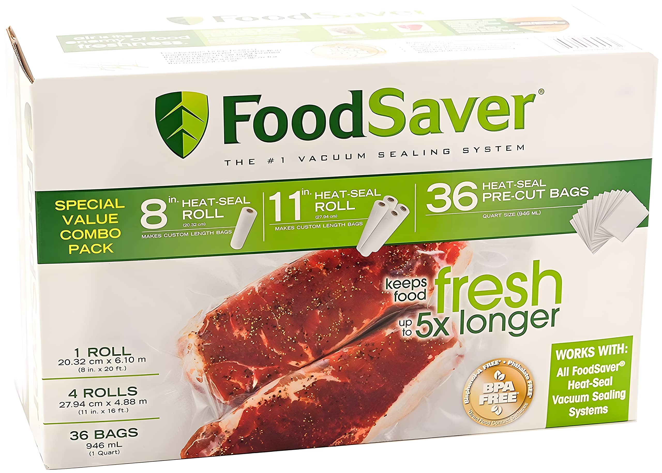 Foodsaver B005Siqkr6 Special Value Vacuum Seal Combo Pack 1 8'' 4 11'' Rolls, 1Pack (36 Pre Cut Bags), Clear
