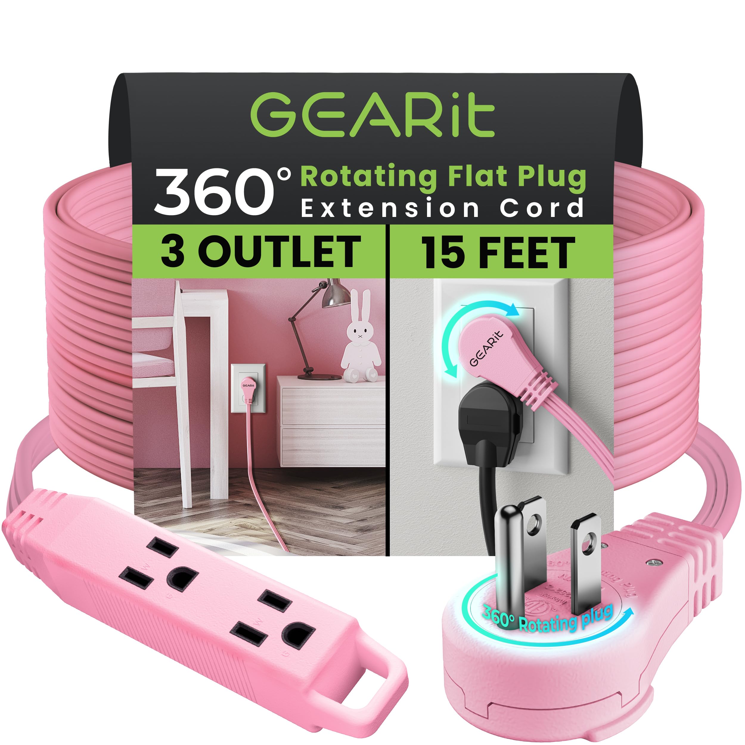 Gearit 360 Rotating Flat Plug Extension Cord With 3 Outlets (15Ft, Pink) 16Awg/13A 3 Prong Wire, Outlet Saver For Home Office Do