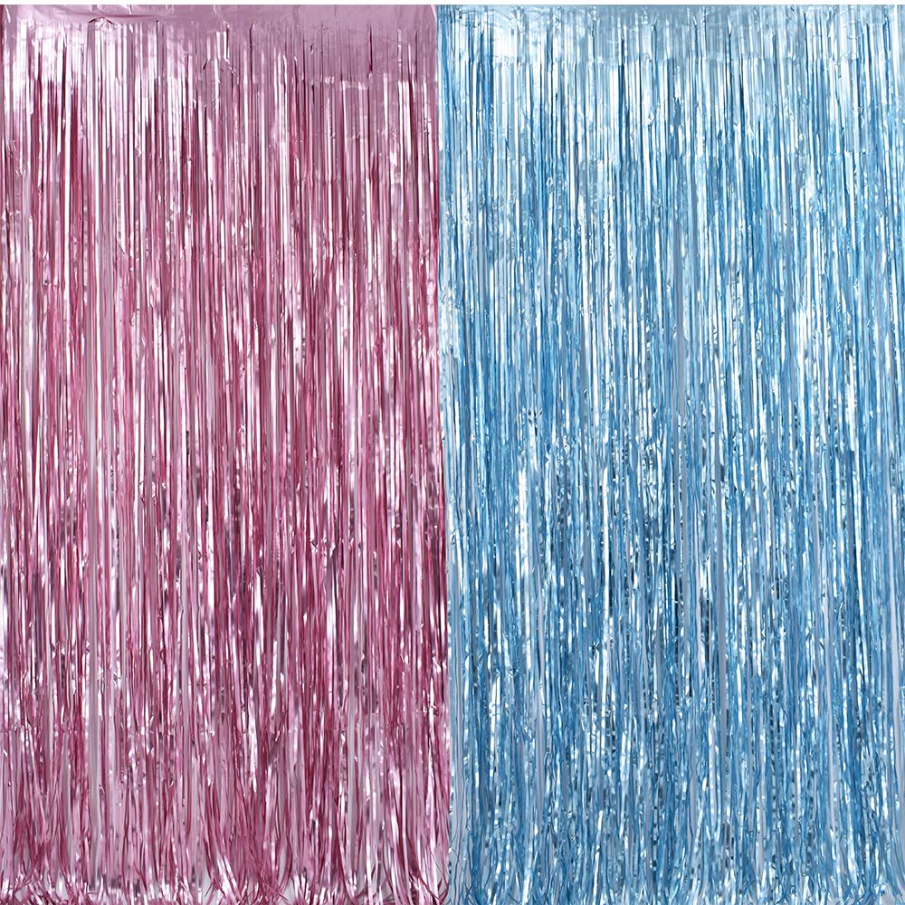 Metallic Tinsel Foil Fringe Curtains 3.2 Ft X 6.6 Ft Baby Shower Gender Reveals Party Decoration Party Photo Backdrop (Pink/Blue