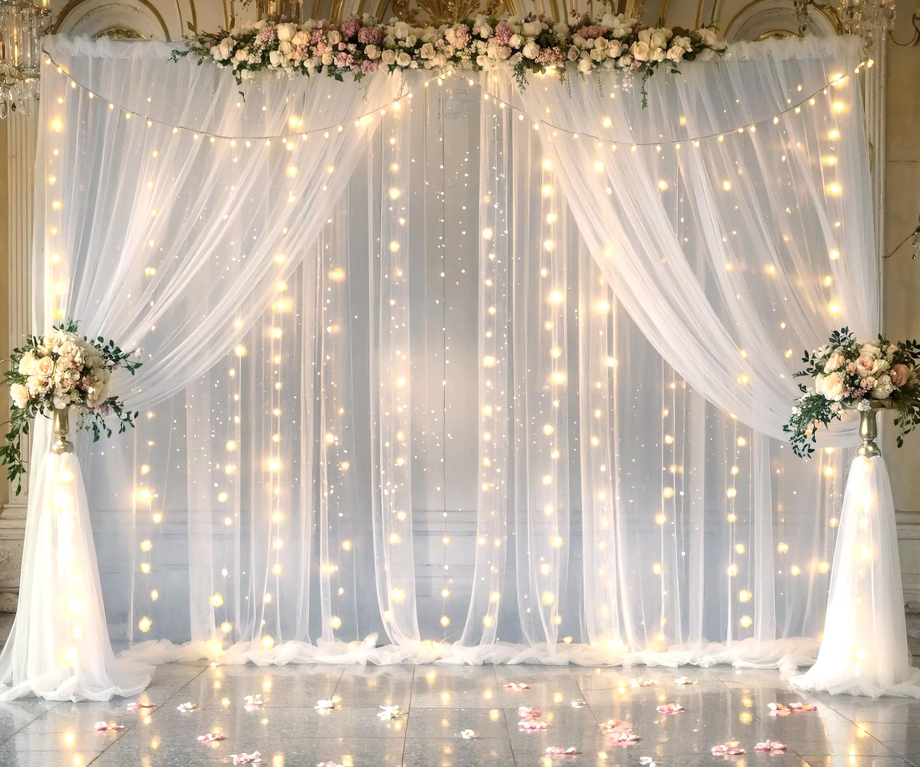 White Tulle Backdrop Curtain With Lights String For Parites 20  8Ft Sheer Backdrop Curtains White Curtain Backdrop For Wedding B