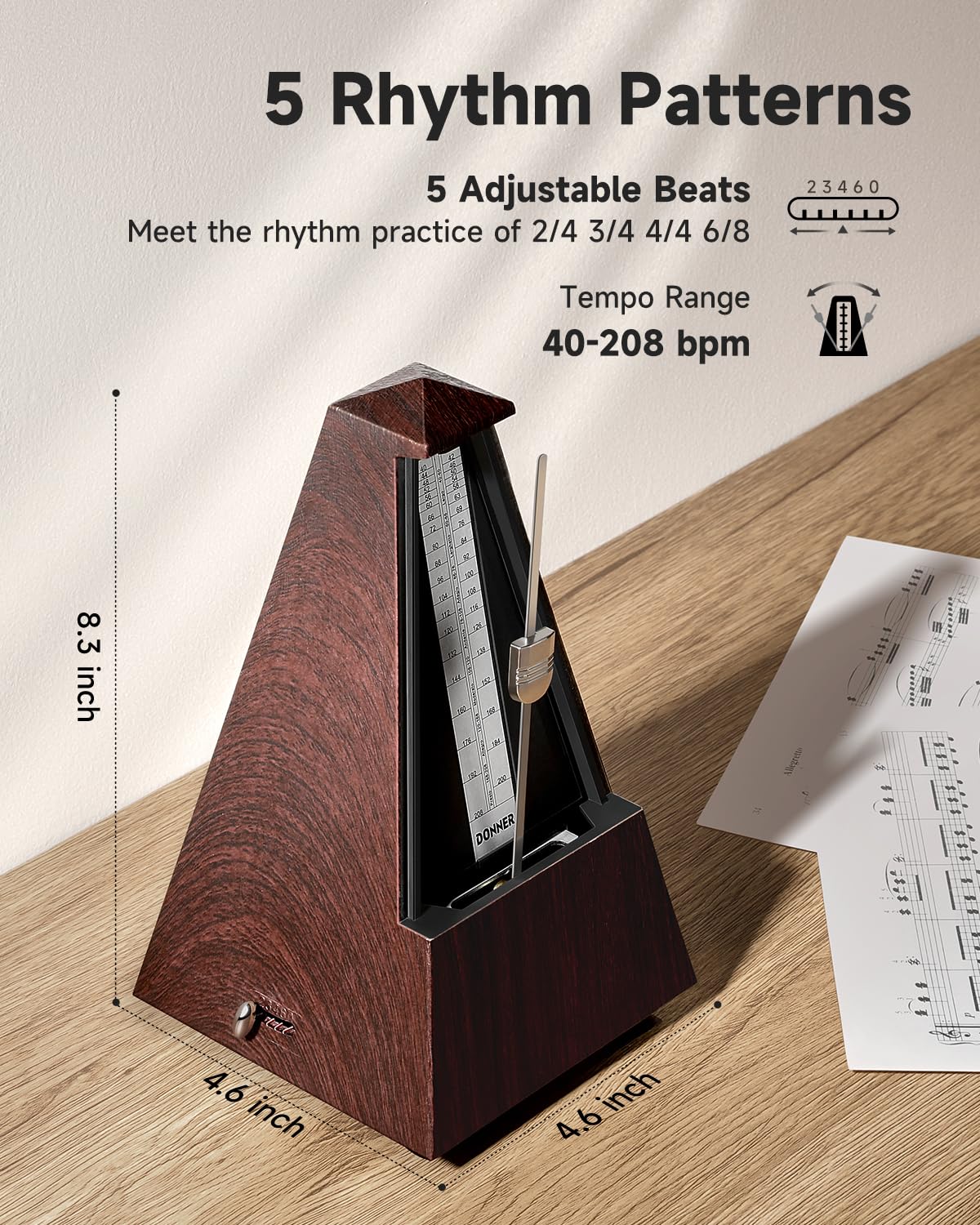 Donner Mechanical Metronome For Piano Guitar Drum Violin Saxophone Musician, Track Beat And Tempo, Loud Sound, Steel Movement, D