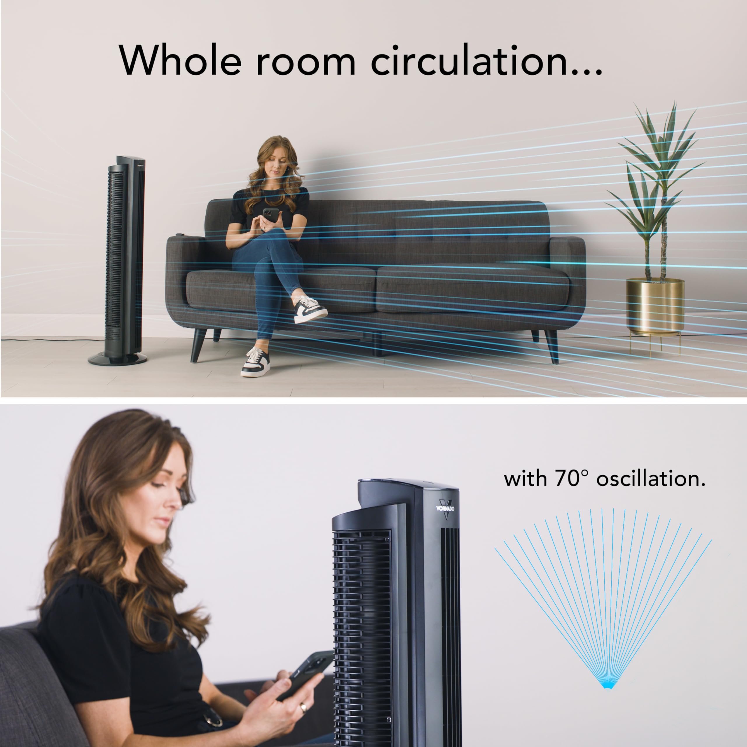 Vornado Ozi42Dc Tower Fan With Remote And Timer, Oscillating Standing Fan For Bedroom, Variable Speed For Precise Control, Energ