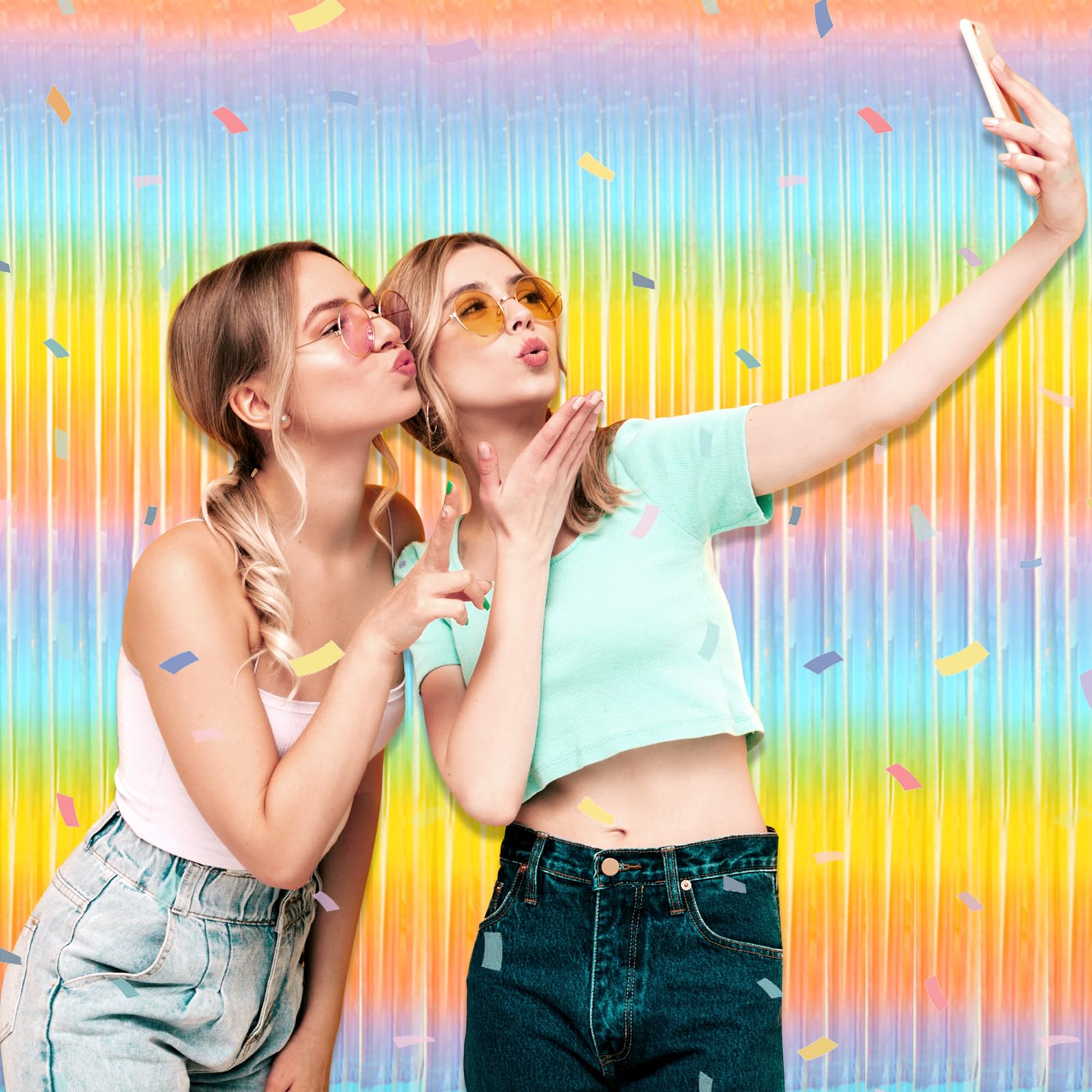 6 Pack Light Raainbow Foil Fringe Curtain Backdrop, 3.28Ft X 9.8Ft Metallic Tinsel Foil Fringe Streamer Curtains For Photo Booth