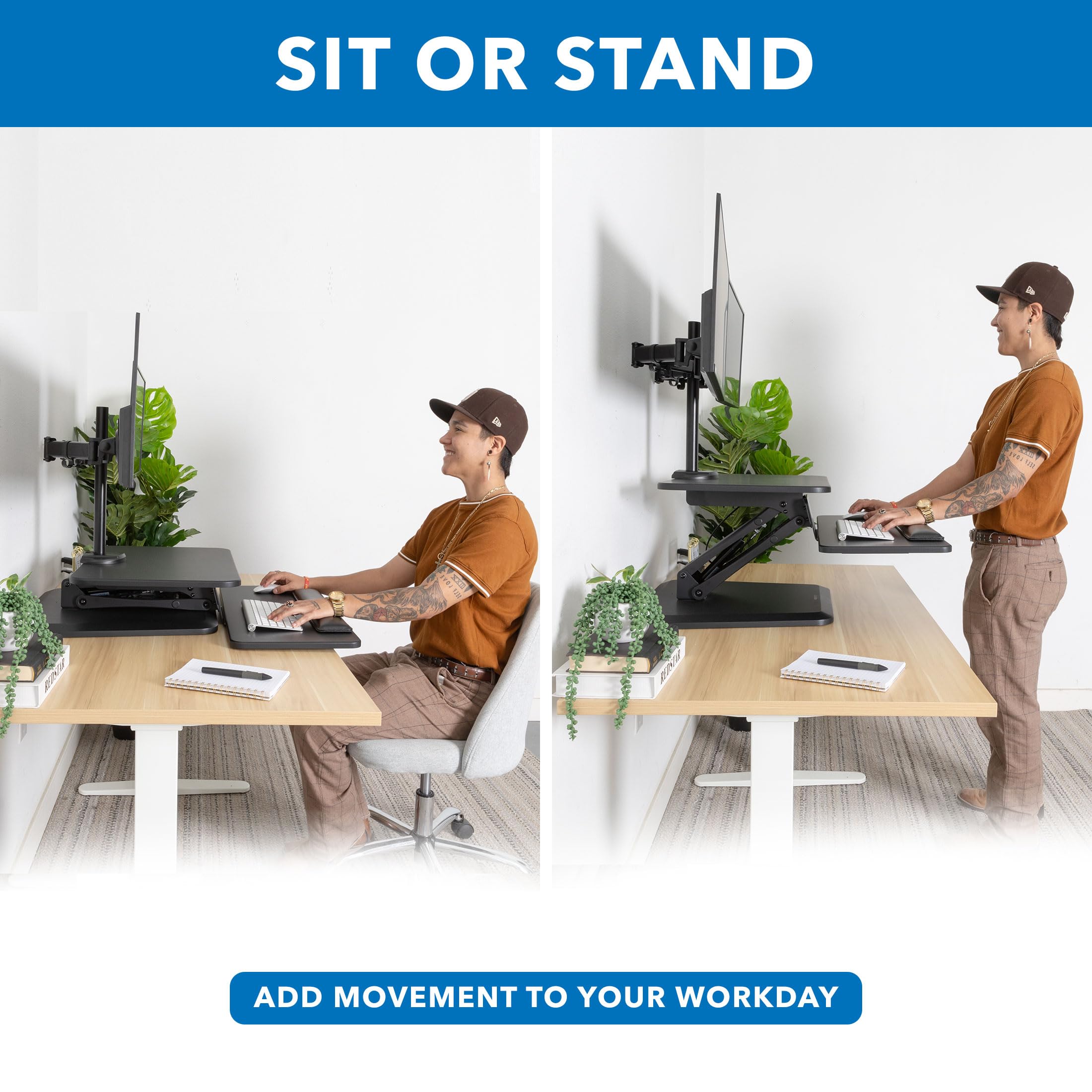 Mount It! Standing Desk Converter, Stand Up Desk Riser with Dual Monitor Mount, Adjustable Workstation in Black, Top Platform 23' Wide, Keyboard Mouse Tray 27' Wide, Raises 5' to 17' Tall