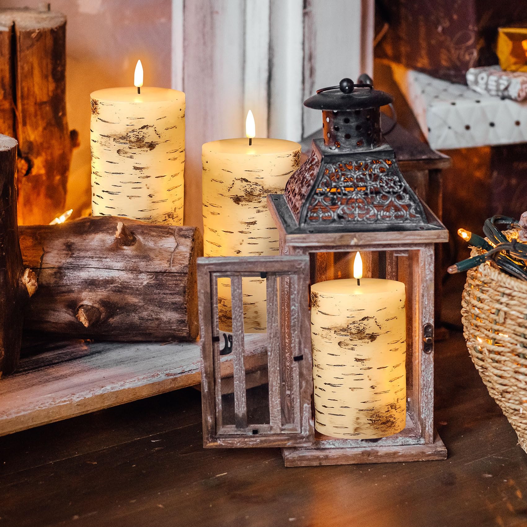 Eywamage Birch Wood Flameless Pillar Candles With Remote, Flickering Led Wax Battery Candles Set Of 3, Christmas Fall Decorative