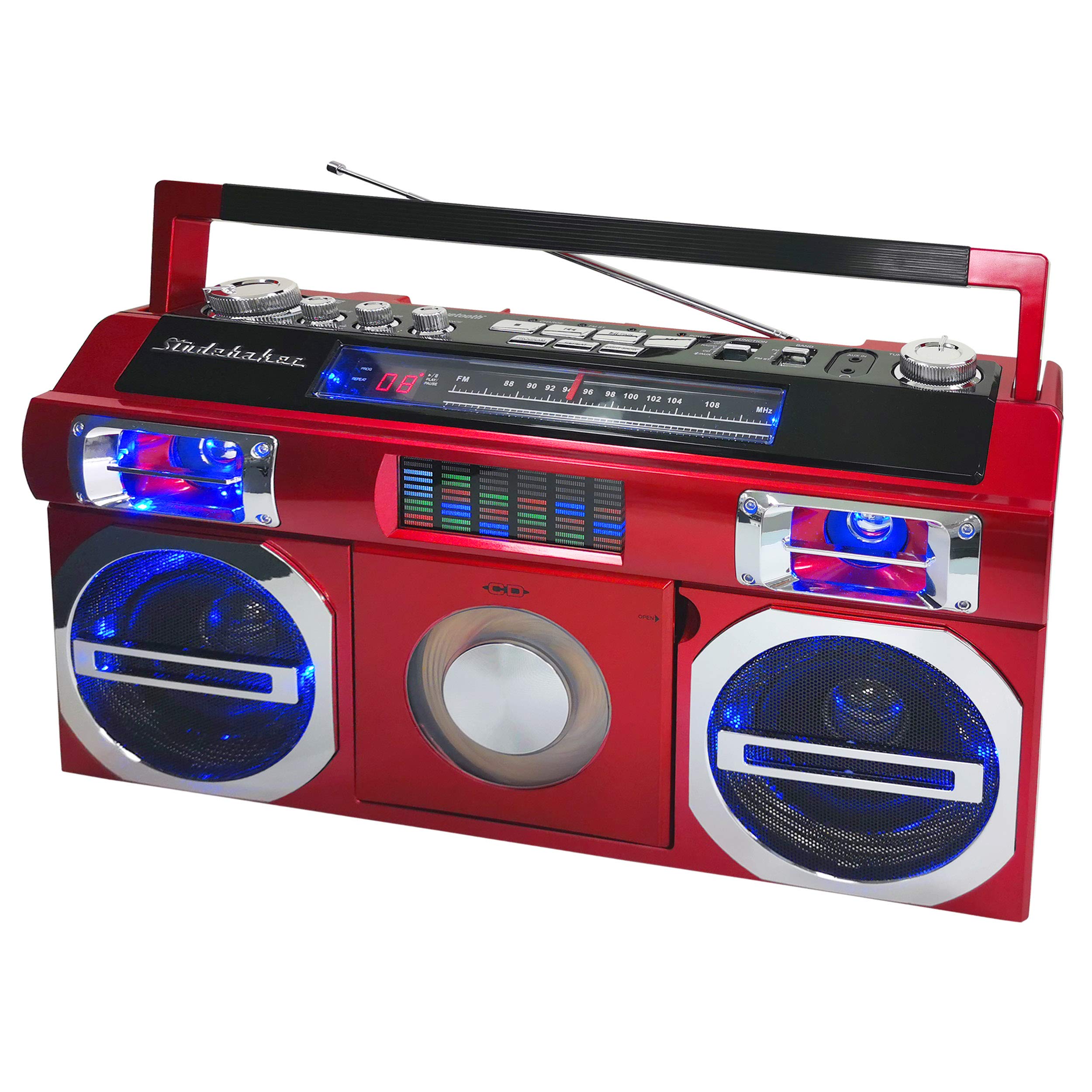 Studebaker Sb2145R 80S Retro Street Bluetooth Boombox With Fm Radio, Cd Player, Led Eq, 10 Watts Rms Power And Ac/Dc In Red