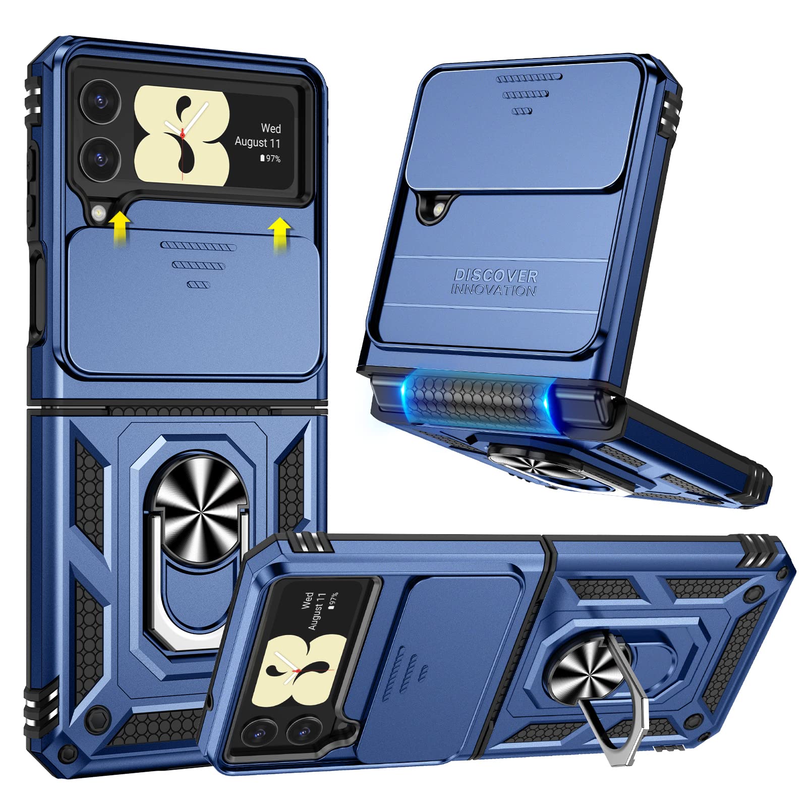 Goton For Samsung Z Flip 4 Case, Galaxy Z Flip 4 Case With Camera Cover, [Hinge Protection] & 360 Kickstand Ring Military Grade 