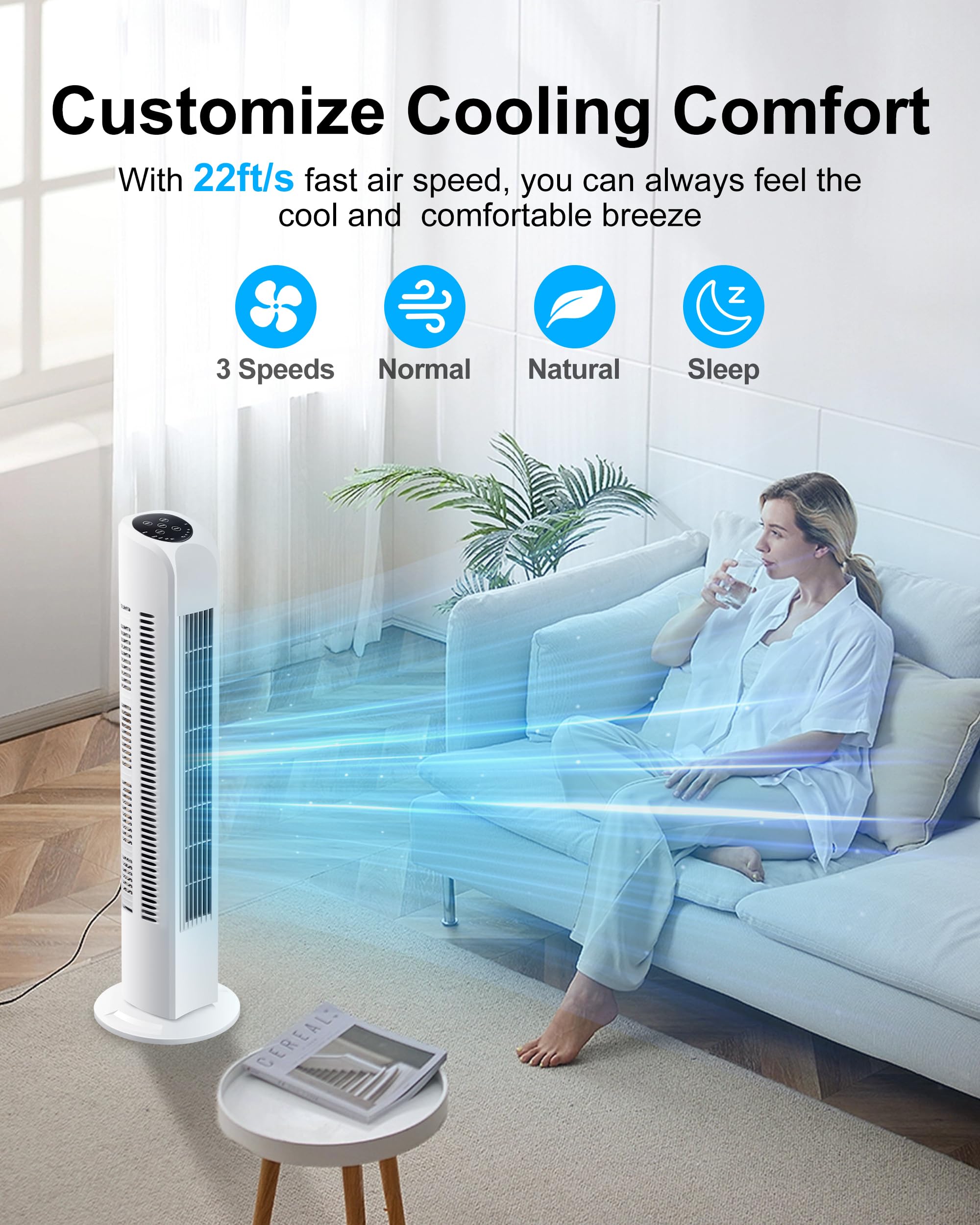 Uthfy Oscillating Bladeless Tower Fan With Remote, Quiet Cooling Portable, Electric Standing Floor Fan With 3 Wind Speeds 3 Mode