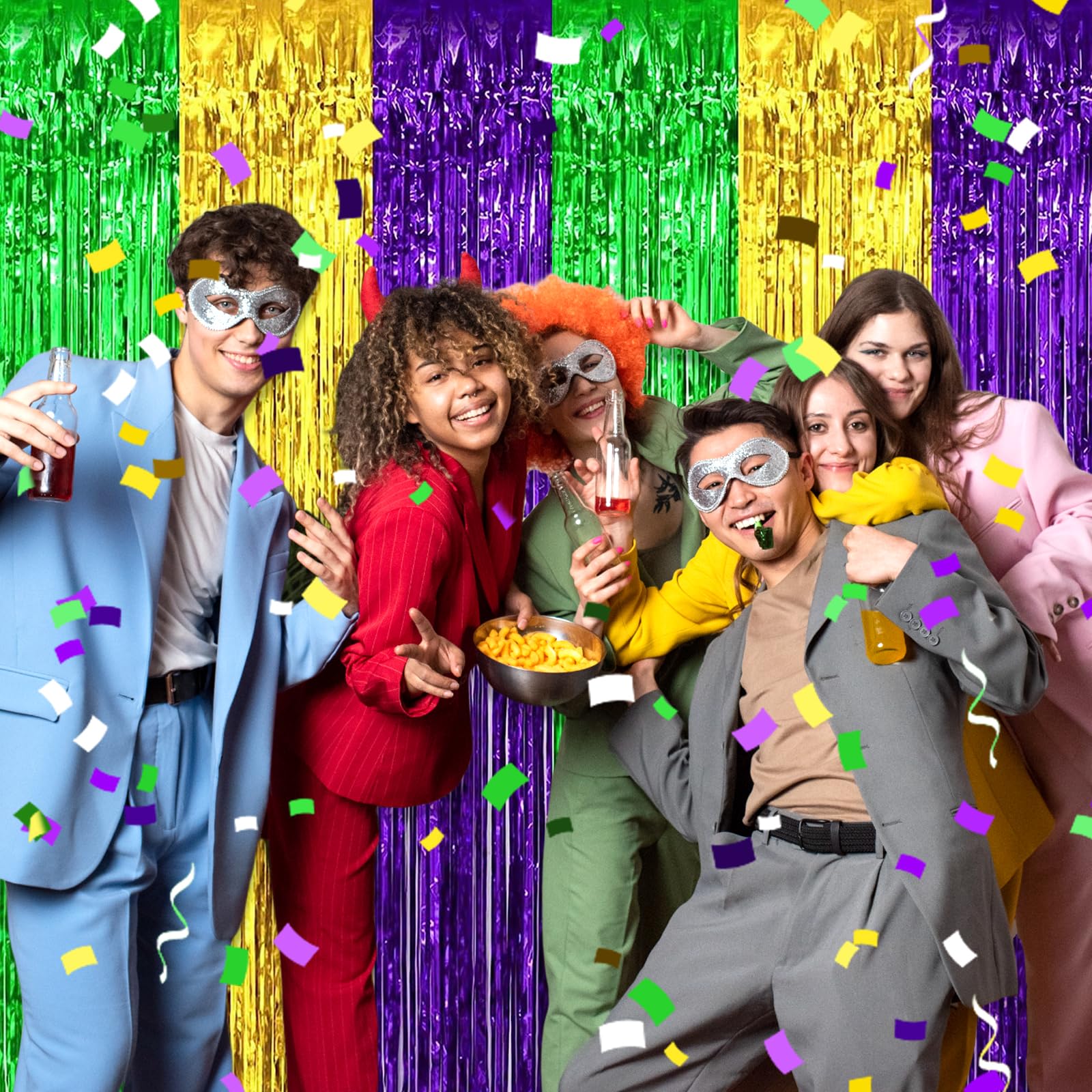 6 Pack Gold Green Purple Foil Fringe Curtain Backdrop, 3.28Ft X 9.8Ft Metallic Tinsel Foil Fringe Streamer Curtains For Photo Bo