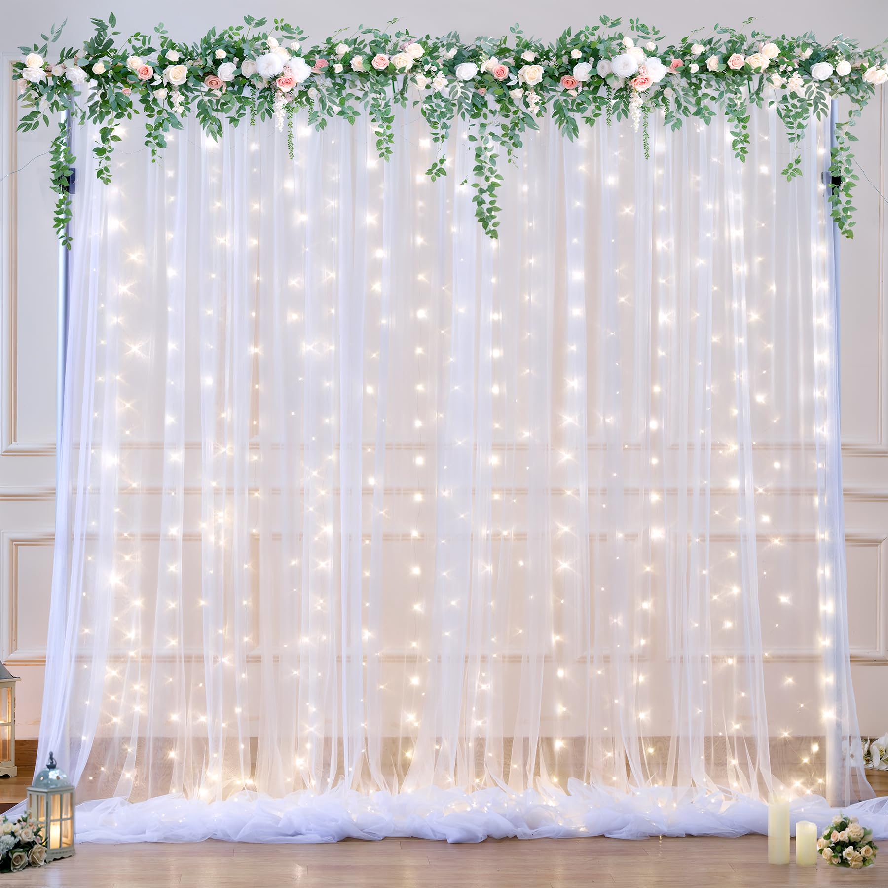 White Tulle Backdrop Curtain With Lights String For Parties Wedding Bridal Shower Sheer White Curtain Backdrop For Birthday Baby