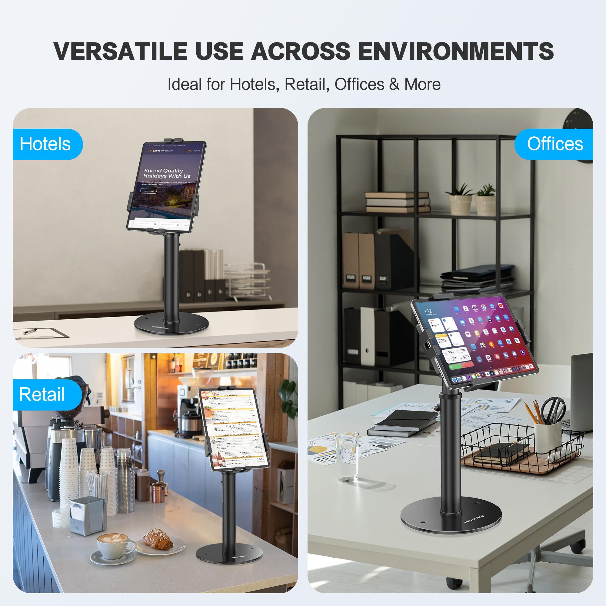 AboveTEK POS Tablet Kiosk Stand   Universal Tablet Locking Mount for 7.9' 11' Devices, 360� Swivel Anti Theft Security Stand for iPad, iPad Air, Samsung, Height Adjustable Desk Countertop iPad Stand