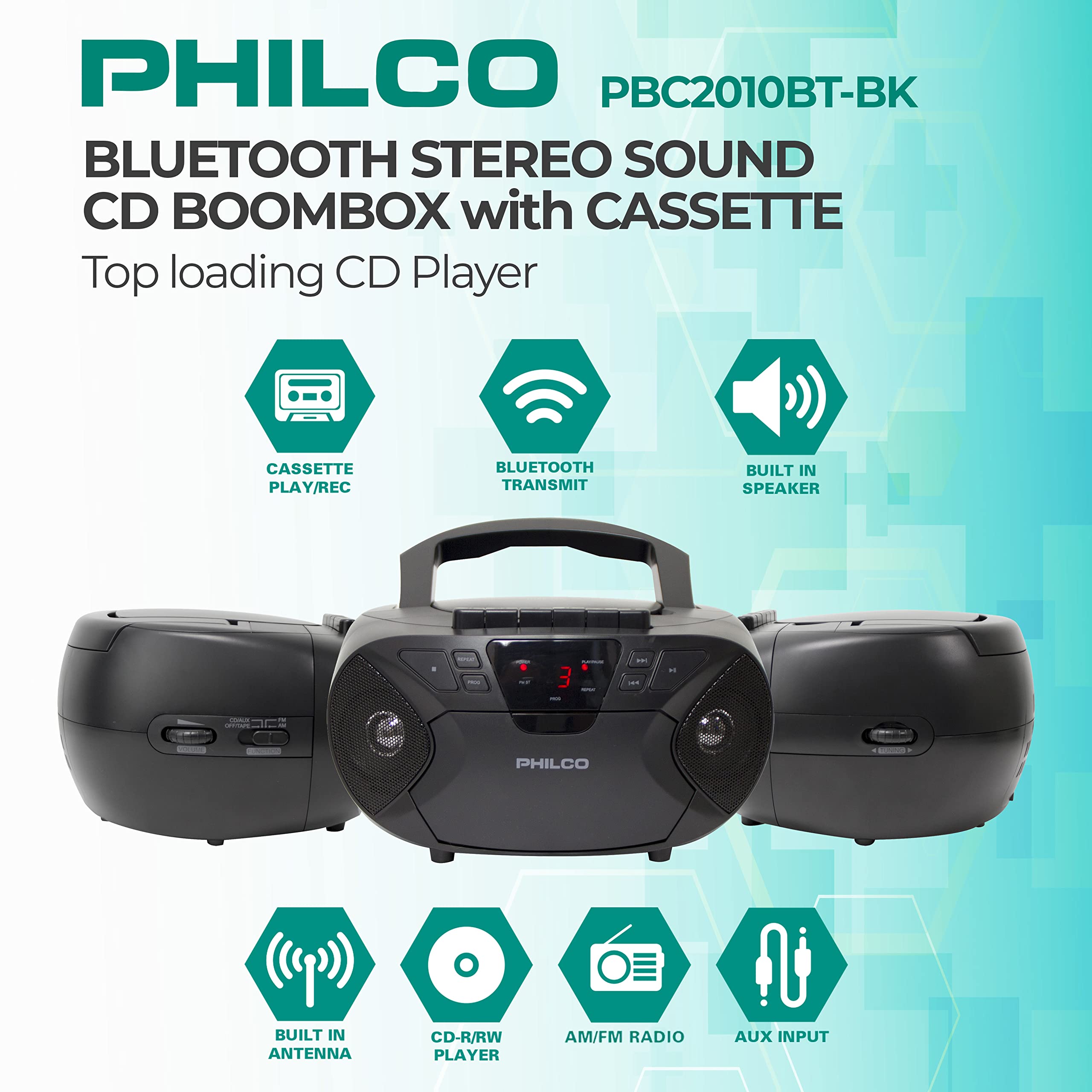 Philco Portable Bluetooth Boombox With Cd And Cassette Player | Cassette Recorder | Connect To Headphones | Cd Player Is Compati