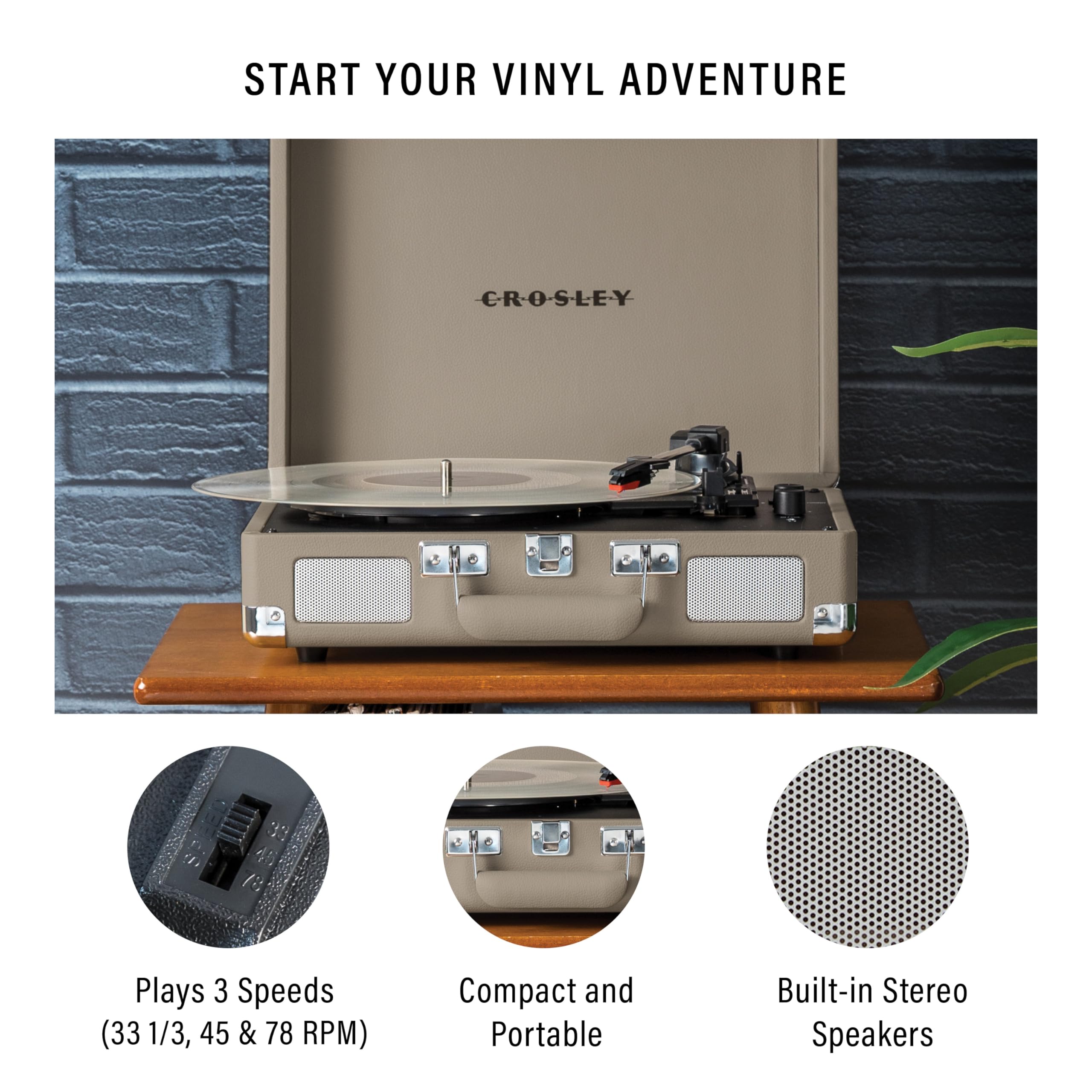 Crosley Cr8005F Te Cruiser Plus Vintage 3 Speed Bluetooth In/Out Suitcase Vinyl Record Player Turntable, Taupe