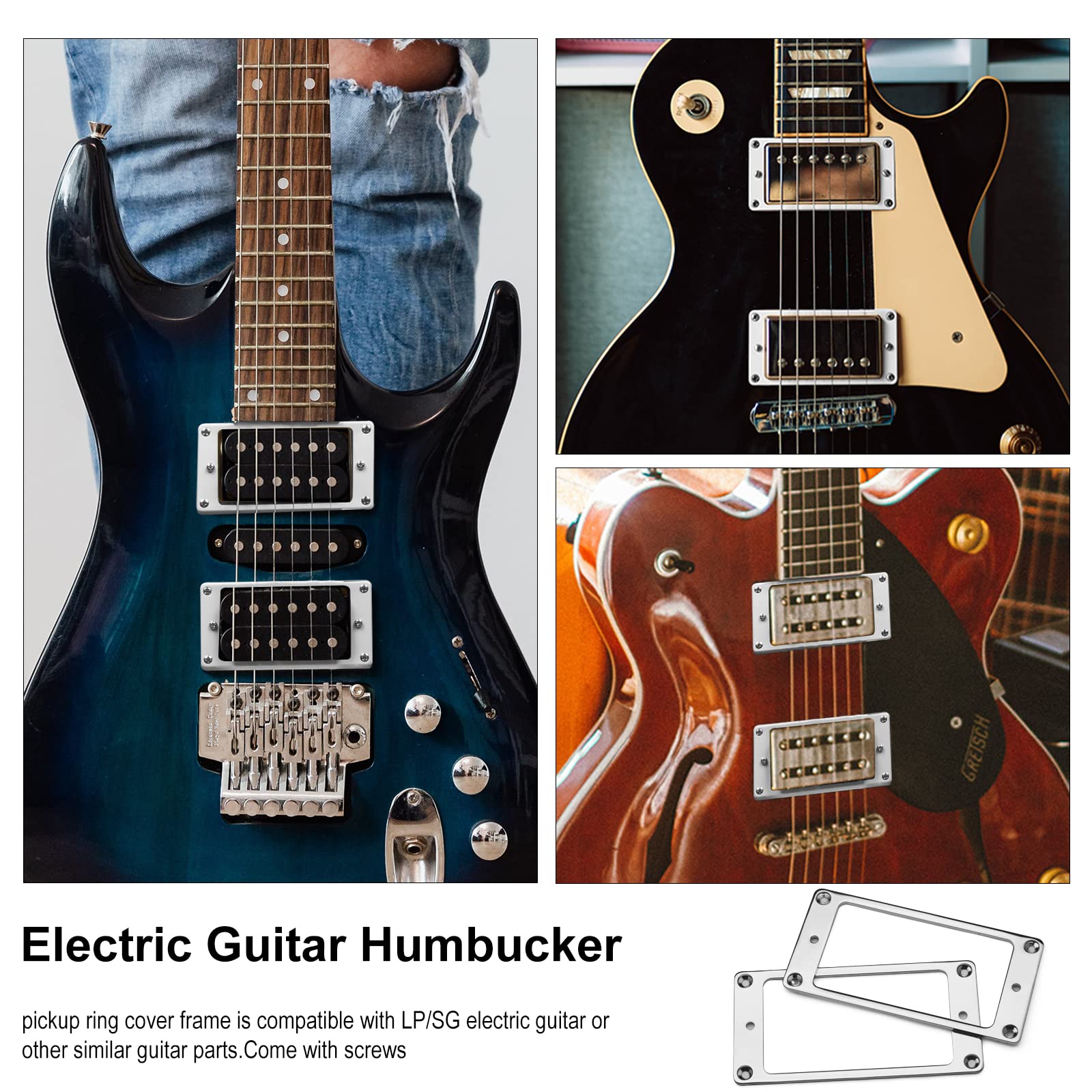 Maxcheer 2Pcs Metal Iron Flat Humbucker Pickup Ring For Electric Guitar Replacement (Chrome)