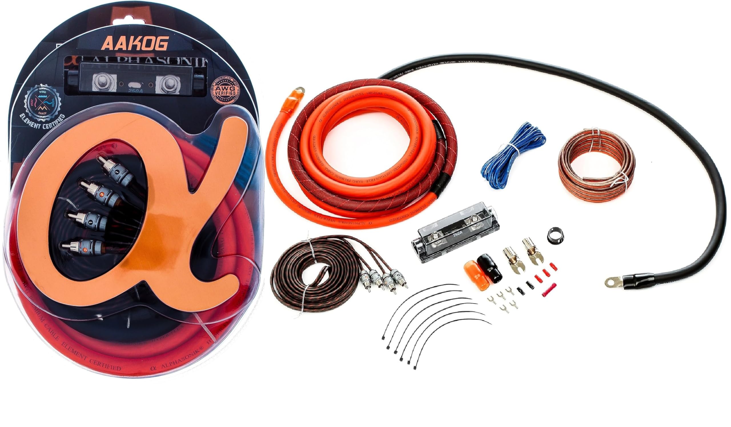 Alphasonik Aak0G Premium 0 Gauge Complete Car Amplifier Installation Kit Hyper Flex Power, Ground, Speaker Wire Rca Cable   Exce
