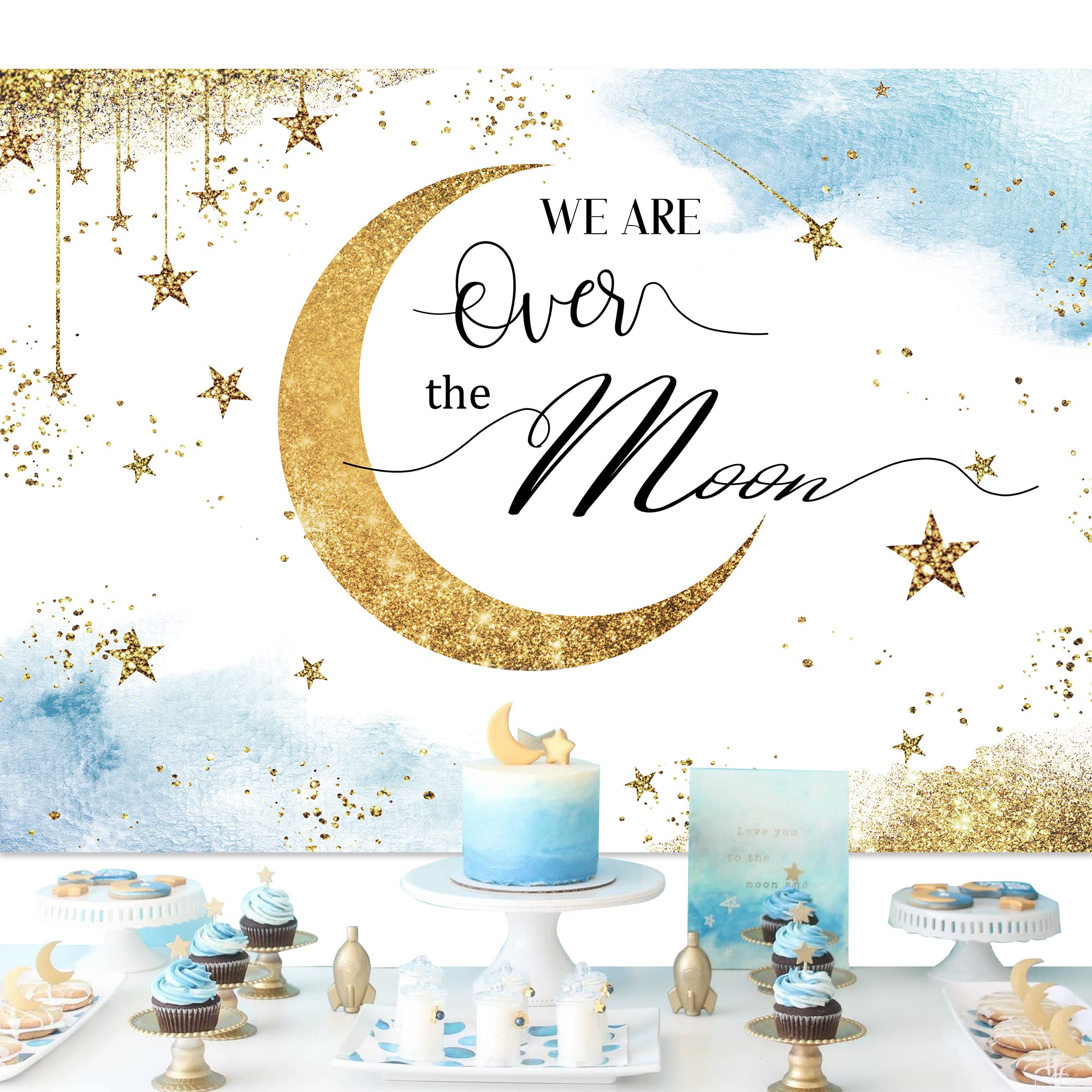 Glawry Over The Moon Baby Shower Backdrop 7Wx5H Feet Boho Blue Watercolor Shinning Stars Gold Dots Celestial Over The Moon Party