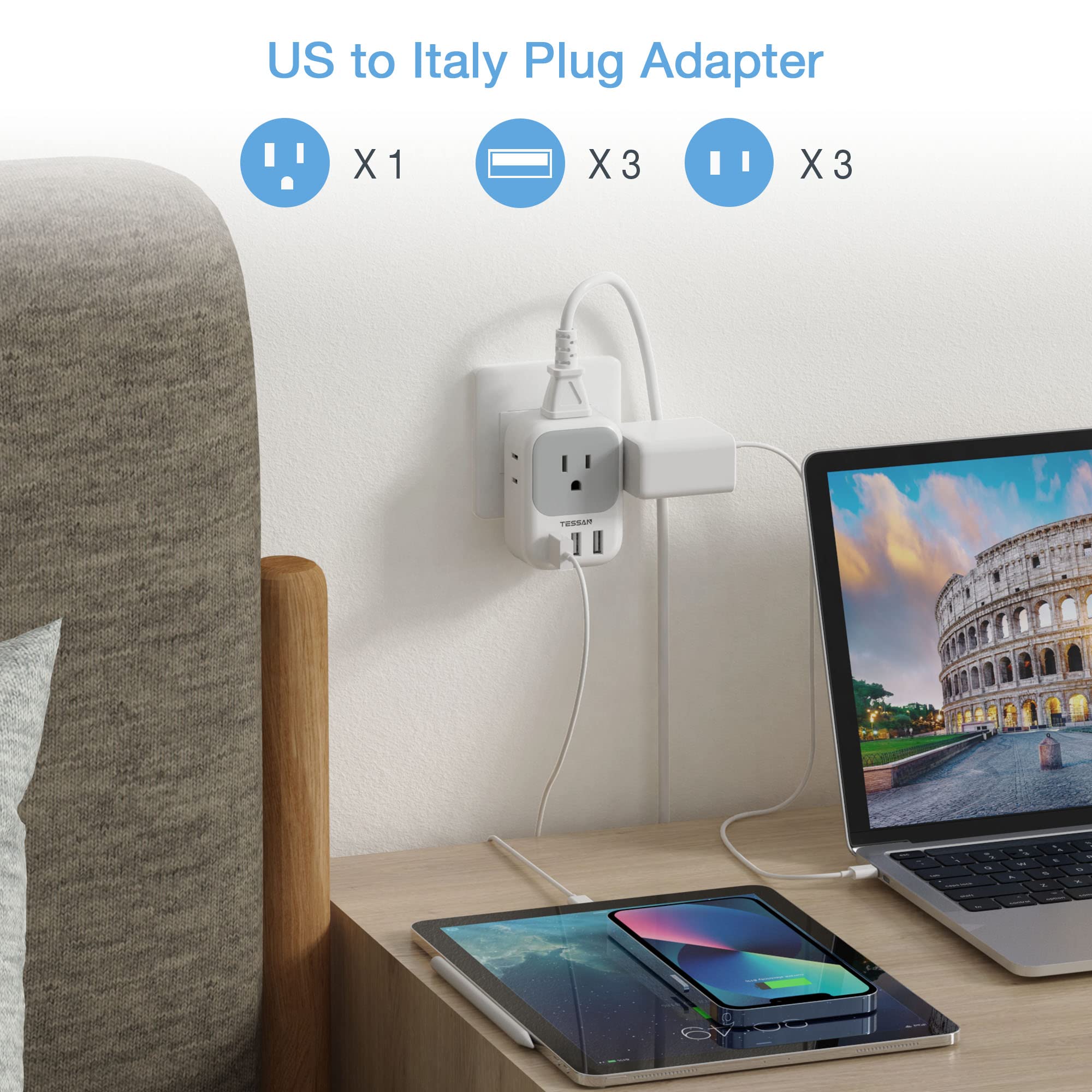 Italy Power Adapter 2 Pack, Tessan Italy Travel Plug Adapter With 4 Outlets And 3 Usb Ports, Type L Electrical Outlet Adaptor Fo