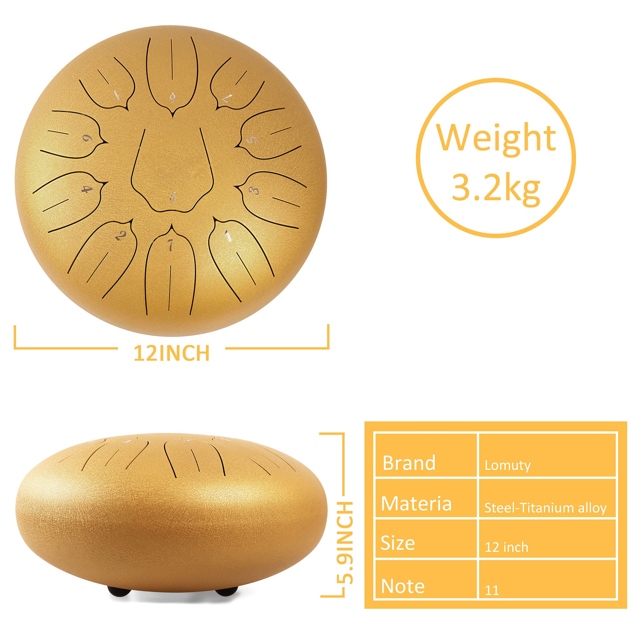 Lomuty 12 Inches 11 Notes Steel Tongue Drum Percussion Instrument  Handpan Drum With Bag, Music Book, Mallets, Finger Picks Gold