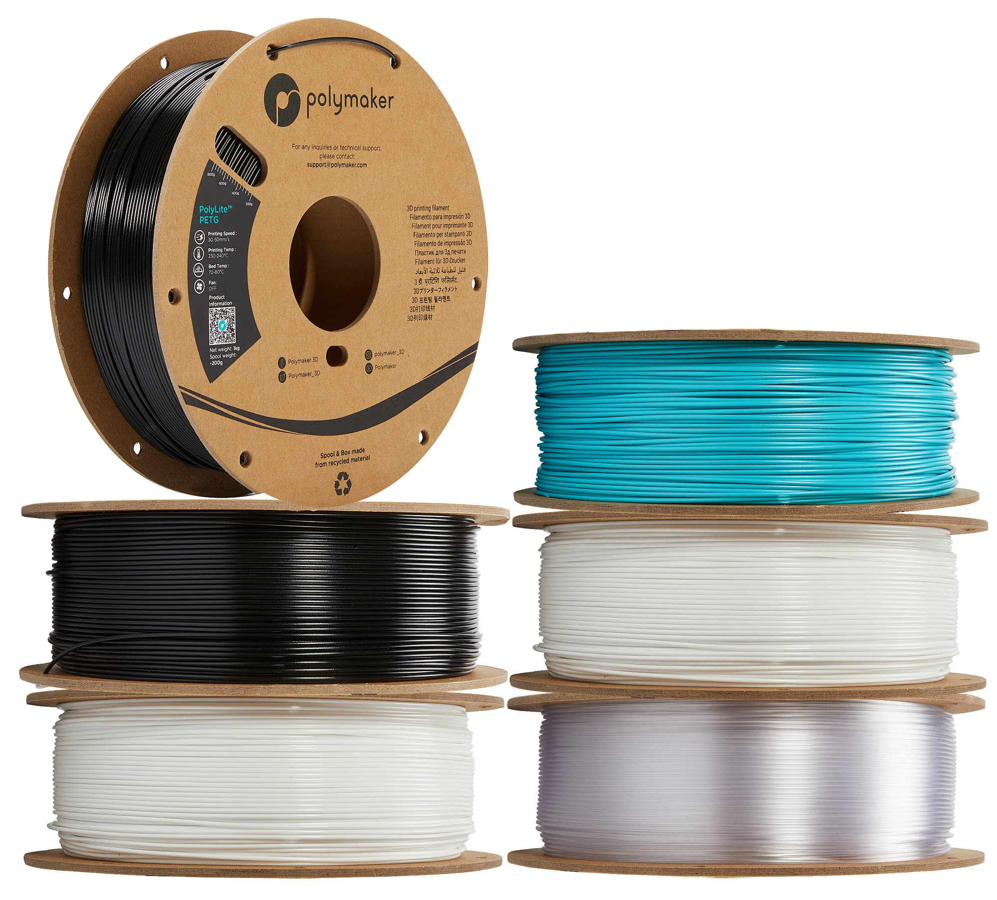 Polymaker PETG Filament 1.75mm 6kg Black*2 + White*2 + Transparent*1 + Polymaker Teal*1 3D Printer Filament, PolyLite PETG 3D Pr